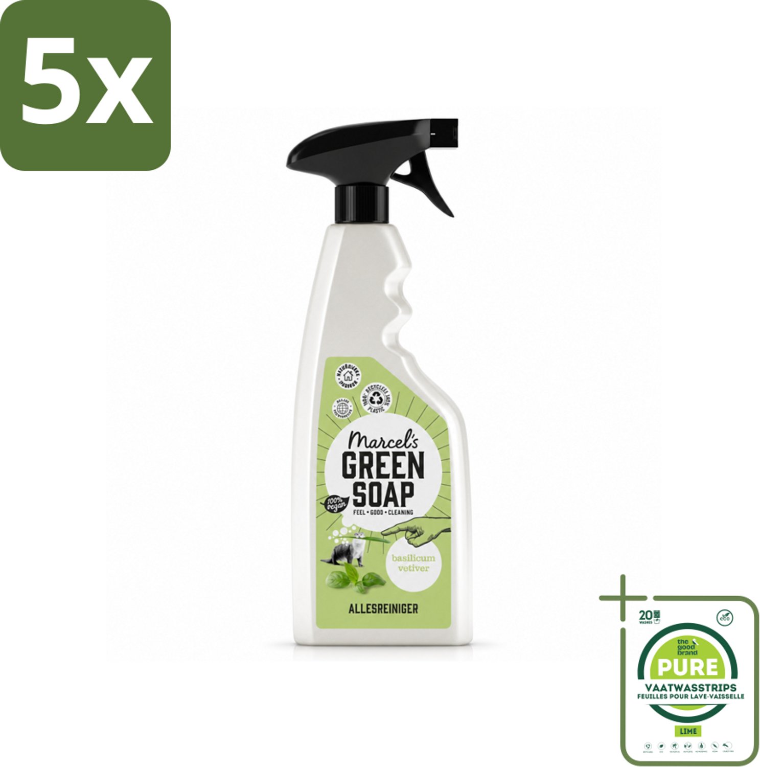 5 x Marcel's Green Soap - Allesreiniger Spray - Basilicum & Vetiver gras - Natuurlijk & effectief - 500 ml - Grootverpakking - Vaatwasstrips - Allesreiniger Spray - Natuurlijke Reiniger - Vegan Reiniger - Vuil Verwijderen - Geur Basiliqum Vetiver
