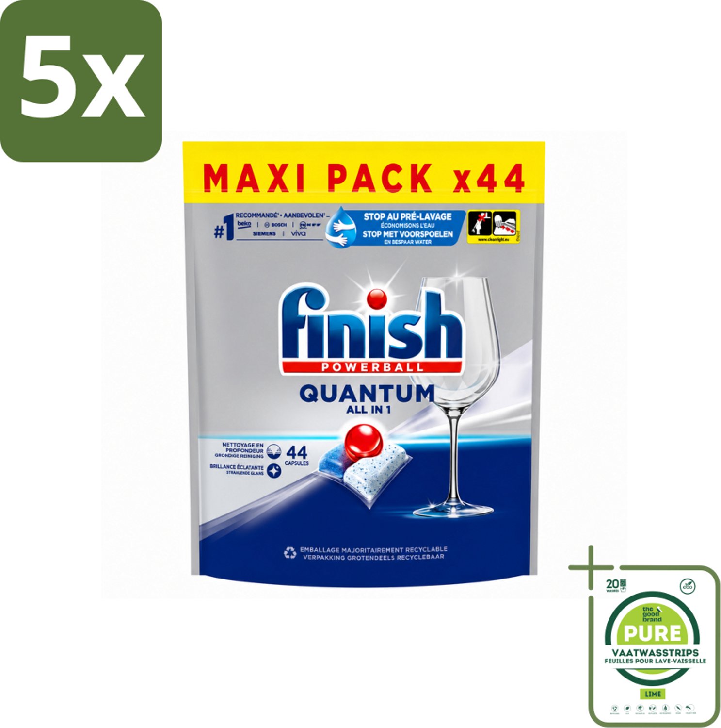 5 x Finish - Vaatwasmiddel - Quantum All in One Regular - Alles-in-1 Kracht - 44 capsules - Grootverpakking - Vaatwasstrips - Vaatwasser - Reiniging - Glans - Vaatwastablet - Quantum