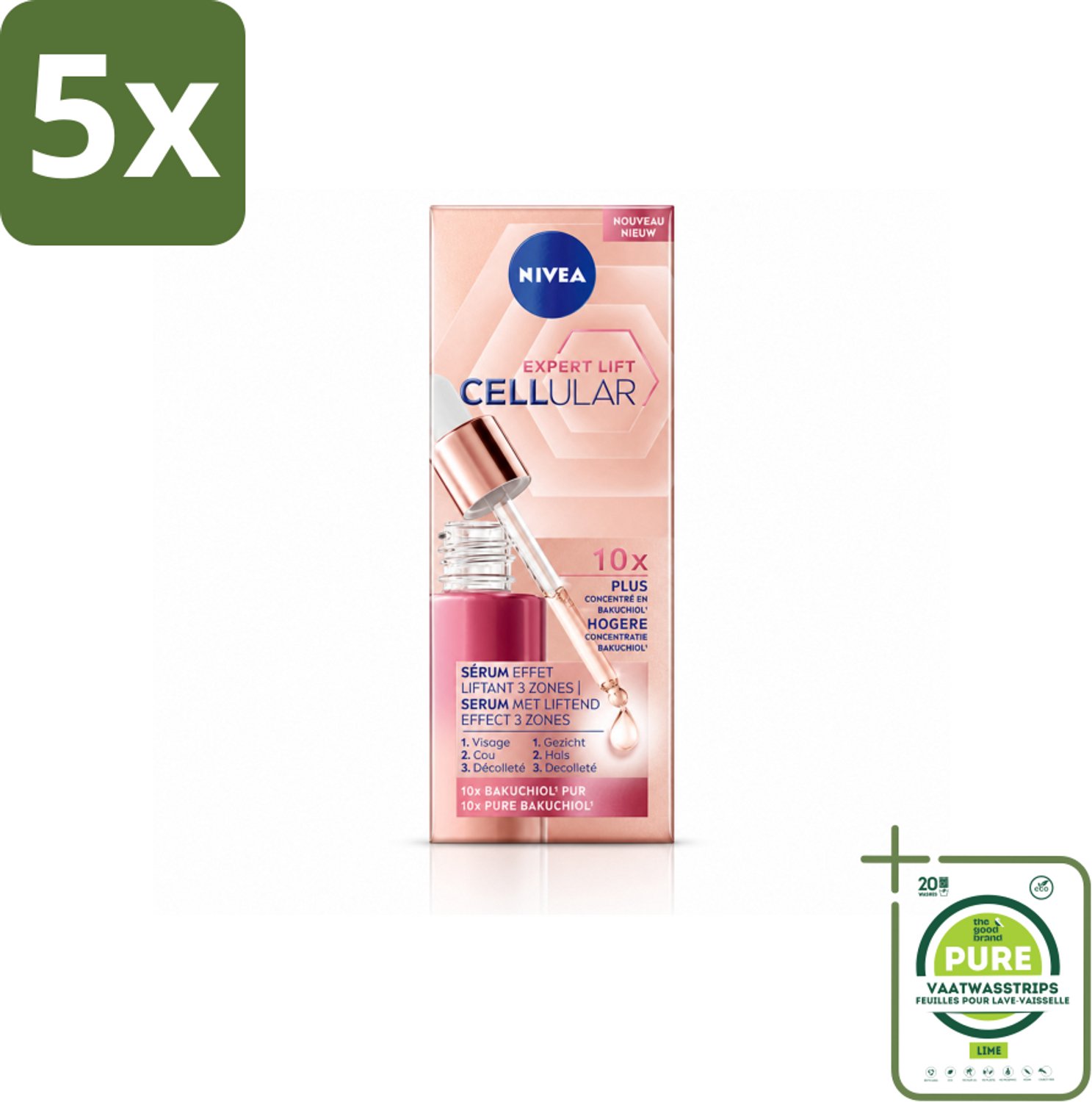 5 x NIVEA - Gezichtsserum - CELLular Expert Lift - Met Bakuchiol - Liftend effect - Alternatief voor Retinol - Voor alle huidtypen - 30 ml - Grootverpakking - Vaatwasstrips - Anti-aging Serum - Bakuchiol - Celvernieuwing - Huidverjonging - Lift Serum