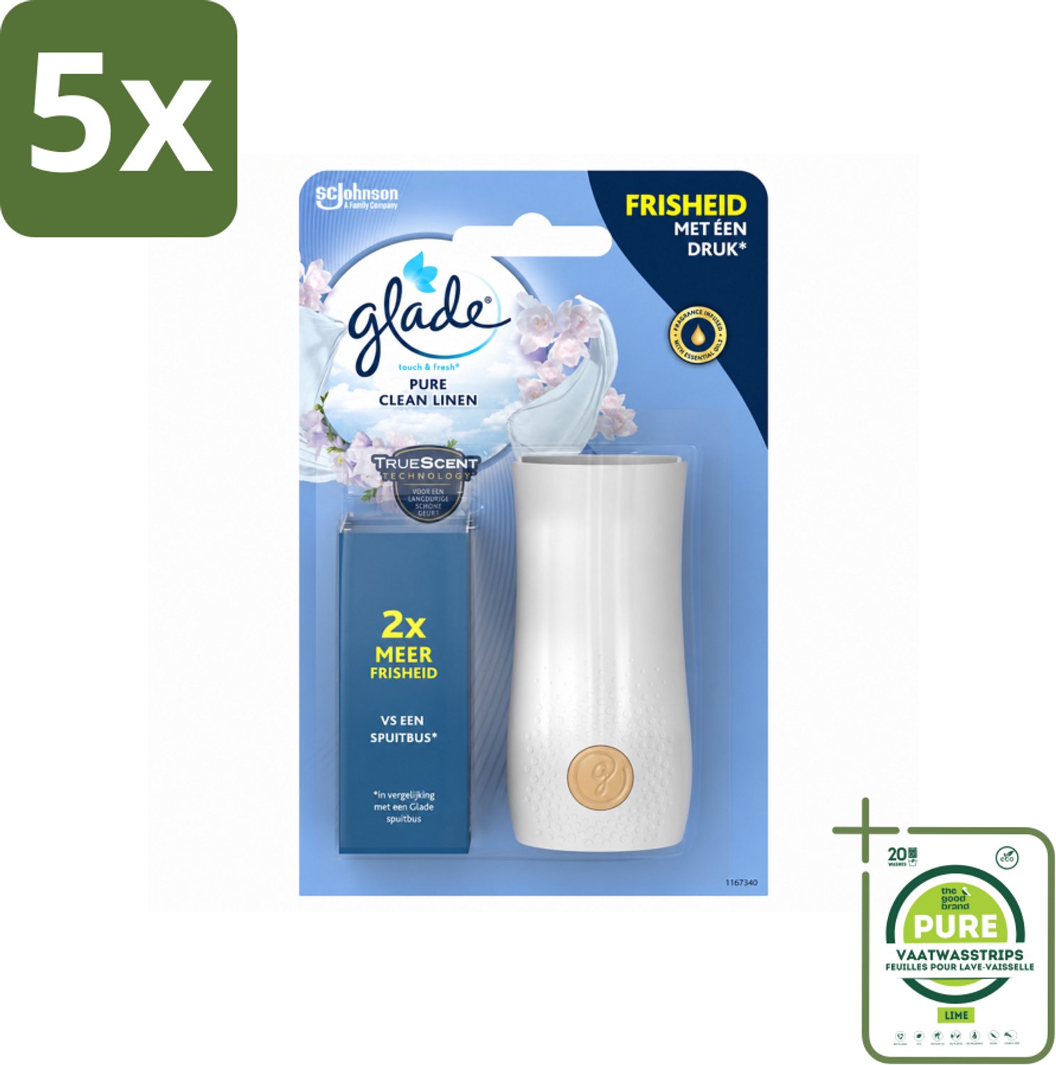 5 x Glade - Houder Touch & Fresh - Pure Clean Linen - 10 ml - Grootverpakking - Vaatwasstrips - Frisse Geur - Linnengoed - Touch & Fresh - Geurverspreiding - Ruimte Verfrissen
