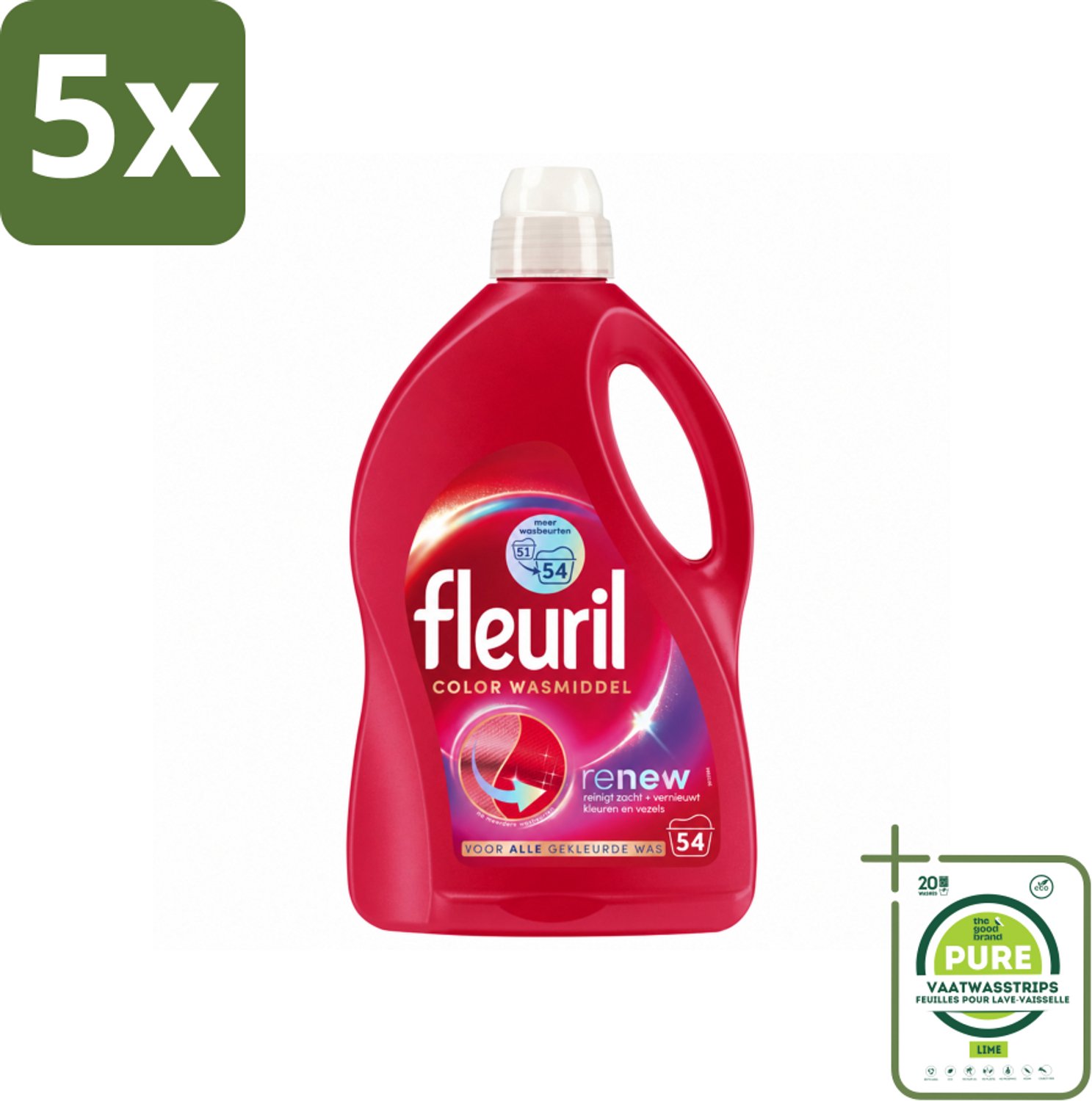 5 x Fleuril - Wasmiddel - Renew Color Vloeibaar Wasmiddel - Gekleurde Was - 54 wasbeurten - Grootverpakking - Vaatwasstrips - Kleurbehoud - Wasmiddel Voor Gekleurde Kleding - Vloeibaar Wasmiddel - Vezelverzorging - Frisse Geur