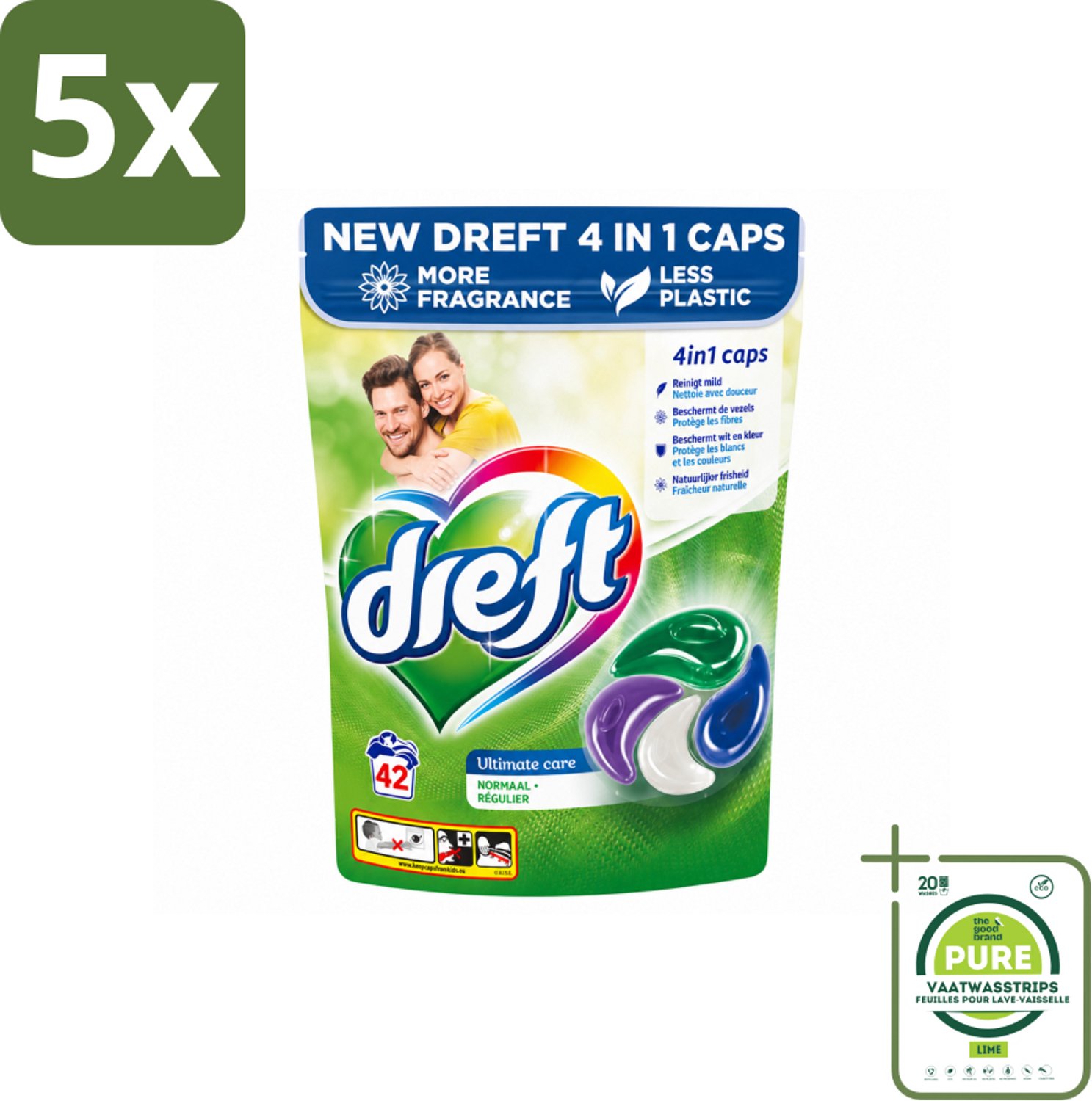 5 x Dreft - Wasmiddelcapsules - Ultimate Care - Zachte verzorging - 42 Wasbeurten - Grootverpakking - Vaatwasstrips - Wasmiddel - Wascapsule - Waskracht - Textielbescherming - Kleurbehoud
