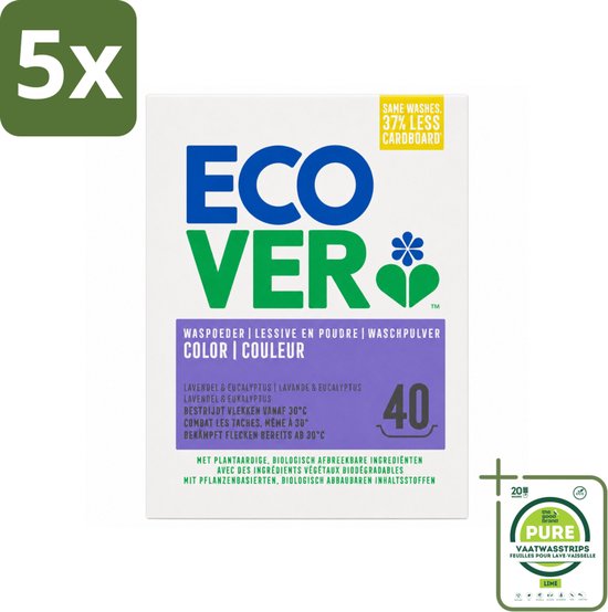 5 x Ecover - Waspoeder Color - Voor gekleurde was - 3 kg - 40 wasbeurten - Grootverpakking - Vaatwasstrips - Waspoeder Kleur - Waspoeder Voor Gekleurde Kleding - Waspoeder Voor Donkere Kleding - Waspoeder Voor Gevoelige Huid - Waspoeder Vegan