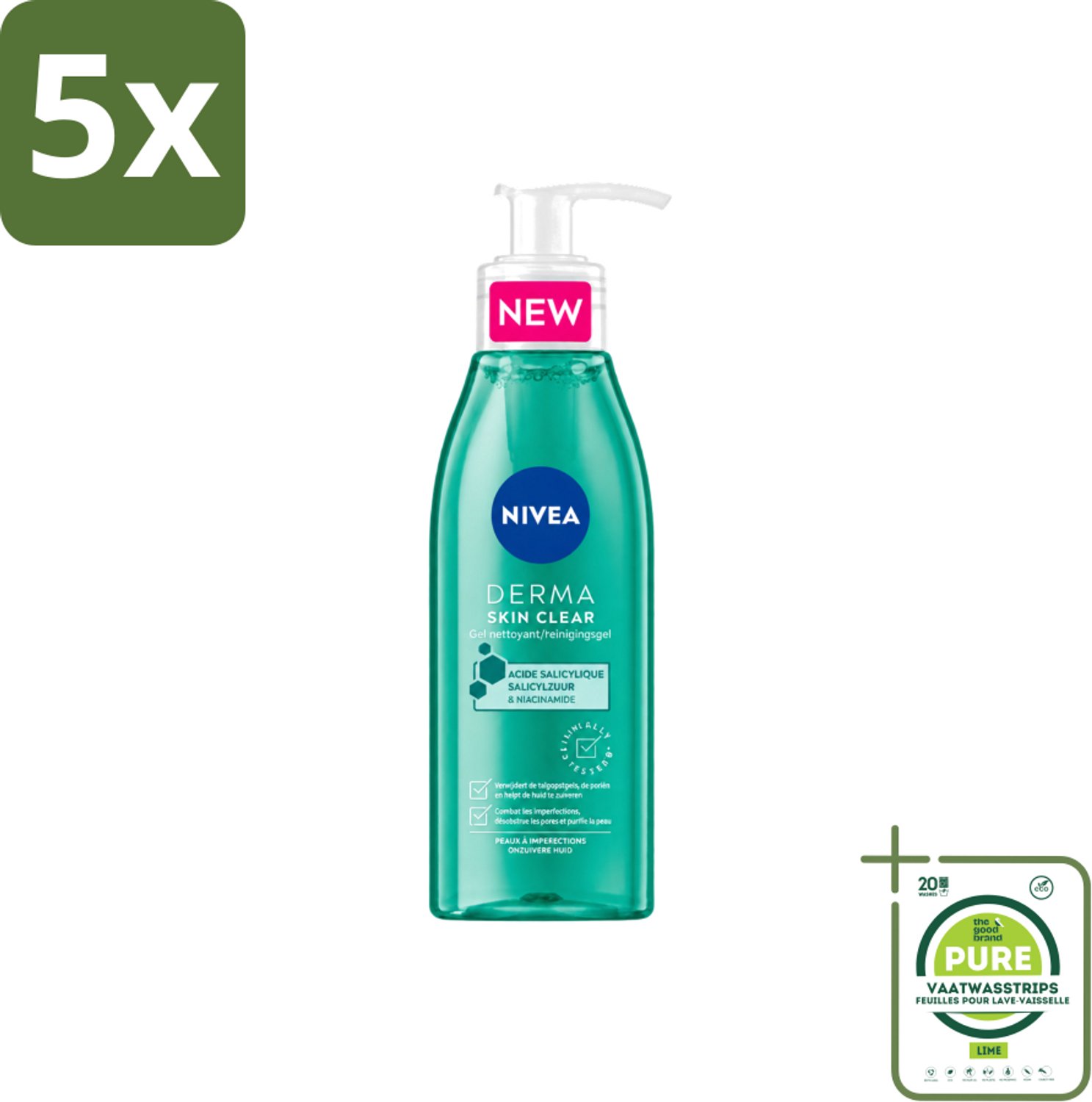5 x NIVEA - Reinigingsgel - DERMA Huidzuiver - Voor onzuivere huid - Met Salicylzuur (AHA) & Niacinamide - Tegen Acne & Mee-eters - 150 ml - Grootverpakking - Vaatwasstrips - Gezichtsreiniger - Acne Huid - Puistjes - Mee-eters - Onzuivere Huid