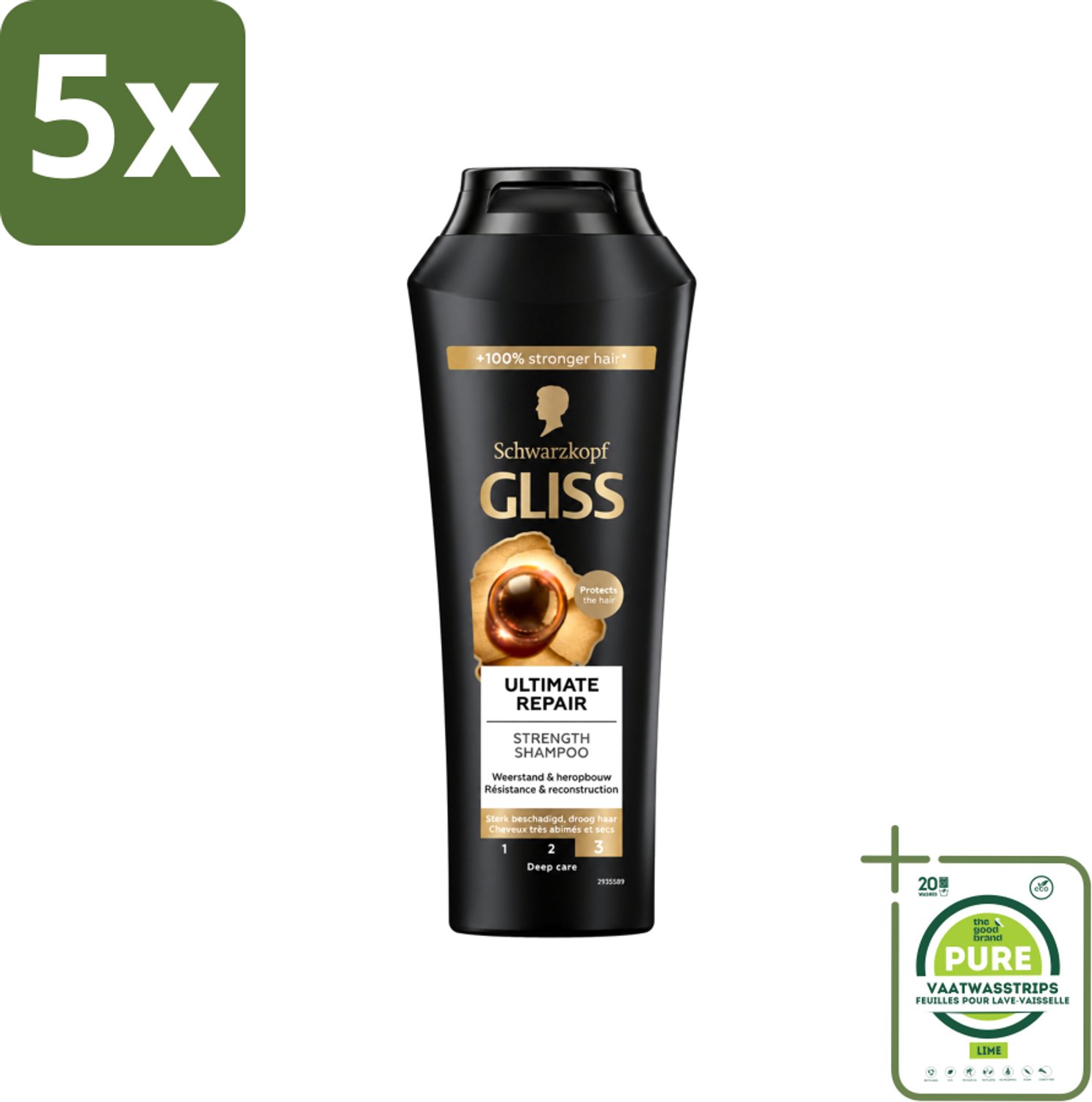 5 x Gliss - Shampoo - Ultimate Repair - Voor Intensief Herstel - 250 ml - Grootverpakking - Vaatwasstrips - Herstel Haar - Beschadigd Haar - Droog Haar - Haarbreuk - Keratine