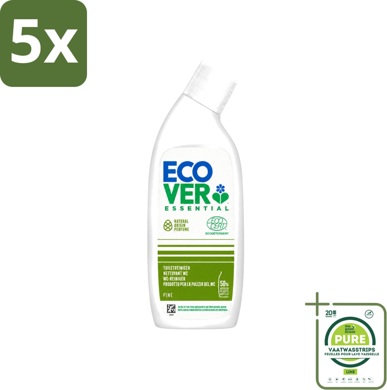 5 x Ecover - Toiletreiniger Essential - Dennenfris - 750 ml - Grootverpakking - Vaatwasstrips - Toiletreiniger - Natuurlijke Reiniging - Kalkverwijdering - Fris Geur - Dennenaroma