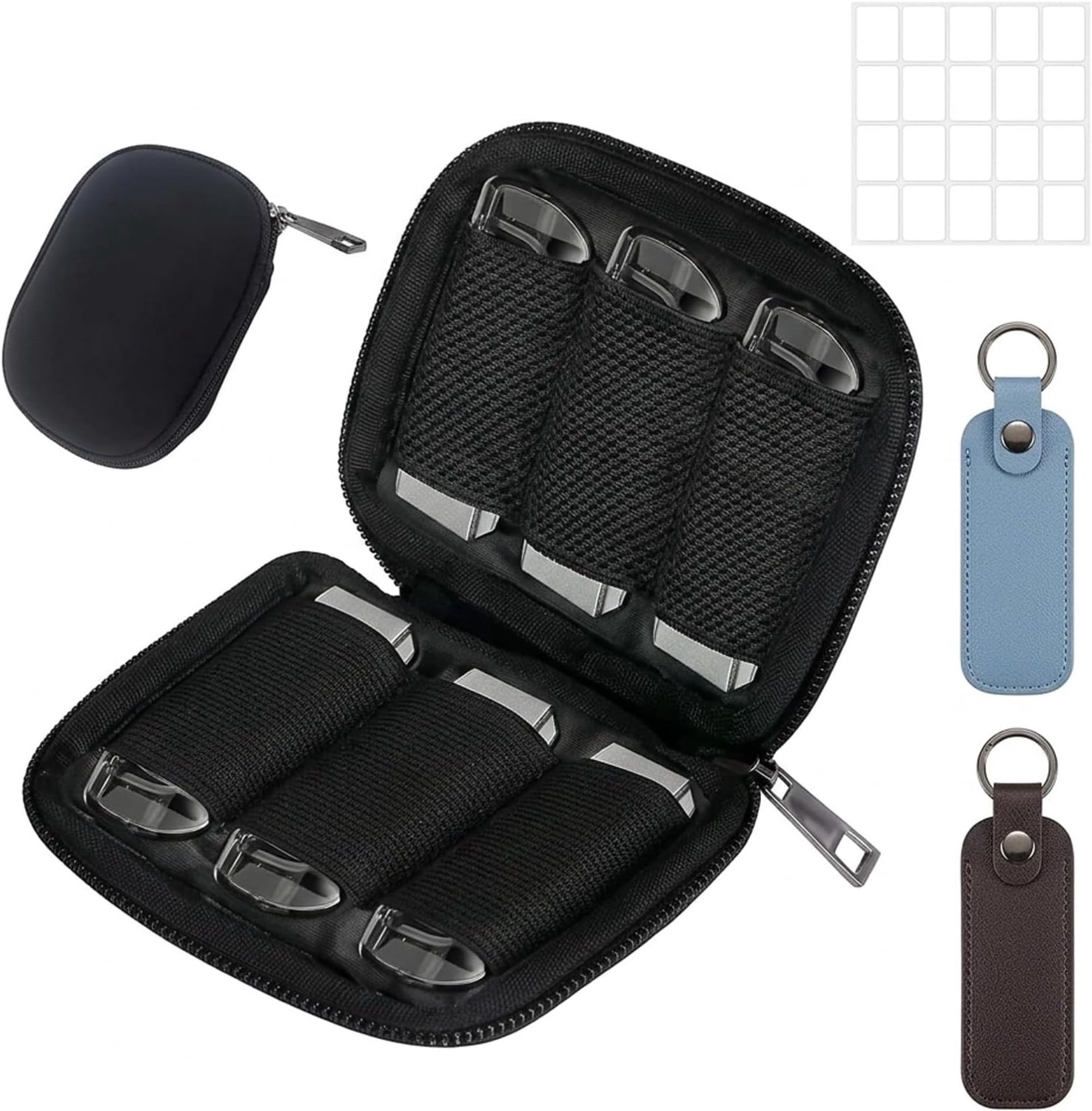 Opbergtas voor USB-stick, klein, met 6 sleuven voor online banksleutels, inclusief stickeropslag voor markering, plus 2 draagbare USB-stick-organizerzakken