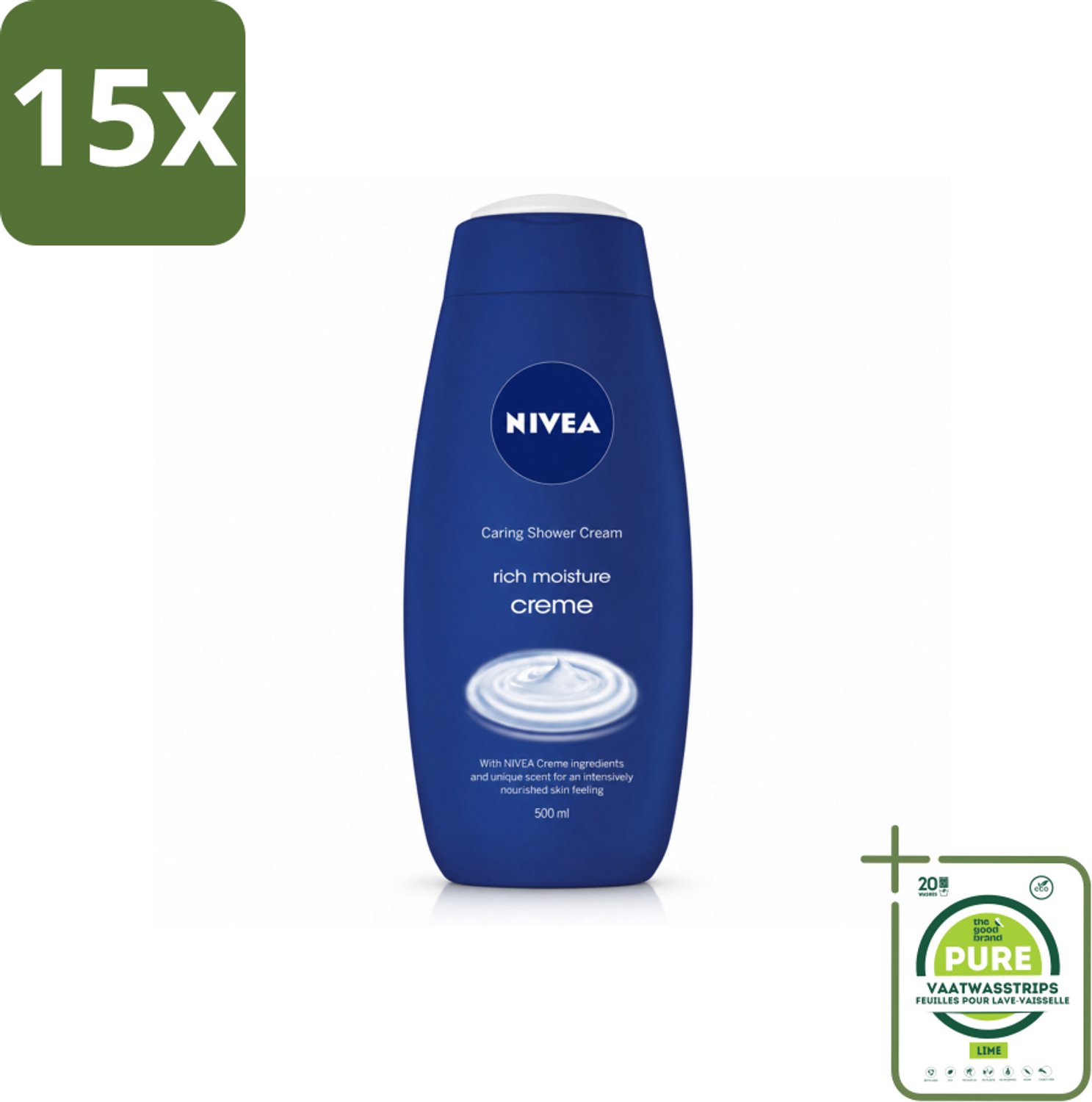 15 x NIVEA - Douchecrème - Rijke Hydratatie - Voedend Huidgevoel - 500 ml - Grootverpakking - Vaatwasstrips - Douchecrème - Voedende Douchecrème - Hydratatie - Huid Verzorging - NIVEA