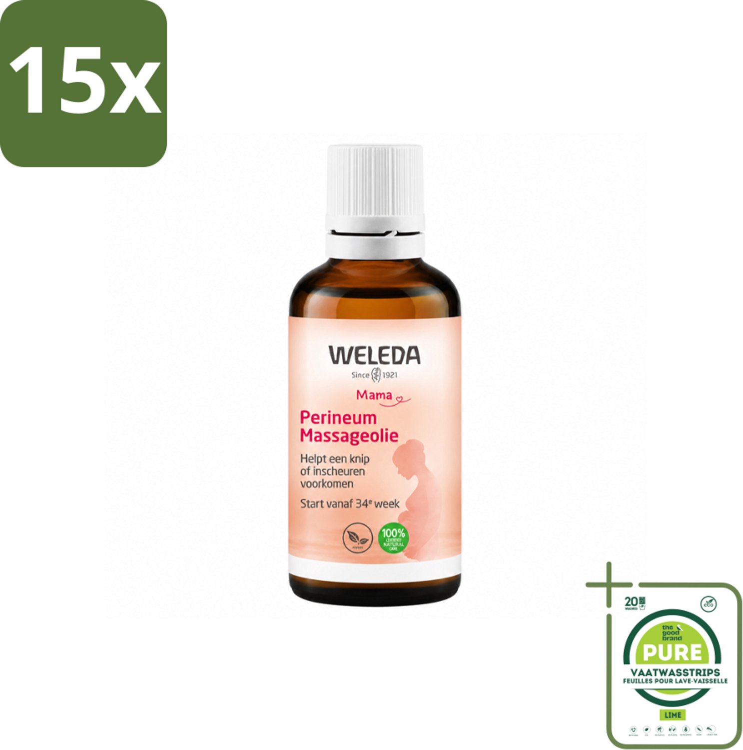 15 x WELEDA - Perineum massageolie - Mama & Baby - 50 ml - Grootverpakking - Vaatwasstrips - Perineum Massageolie - Zwangerschap - Bevalling - Huidelasticiteit - Natuurlijke Bevalling