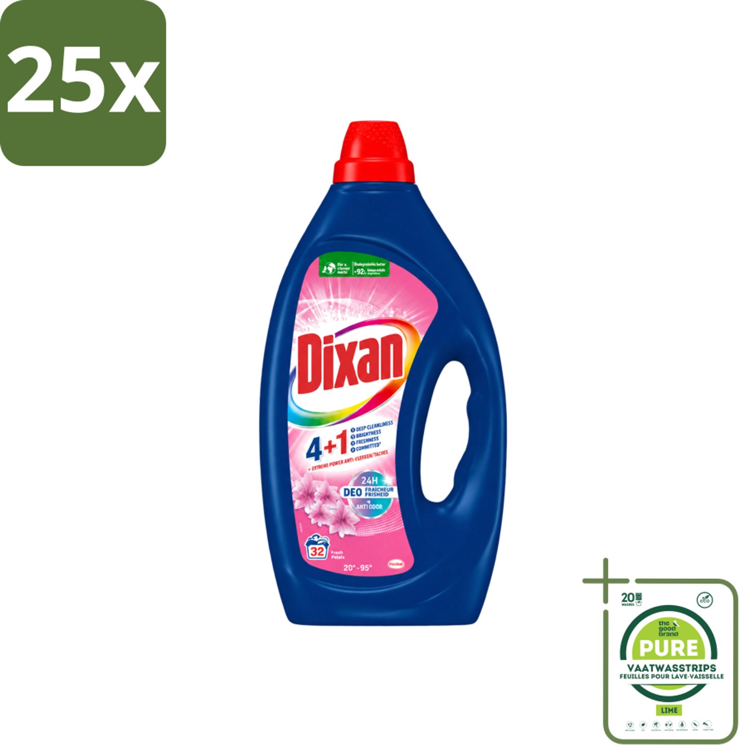 25 x Dixan - Vloeibaar wasmiddel - Fresh Pink - 32 wasbeurten - Grootverpakking - Vaatwasstrips - Wasmiddel - Wasgeur - Frisse Geur - Vlekverwijdering - Wasmachine