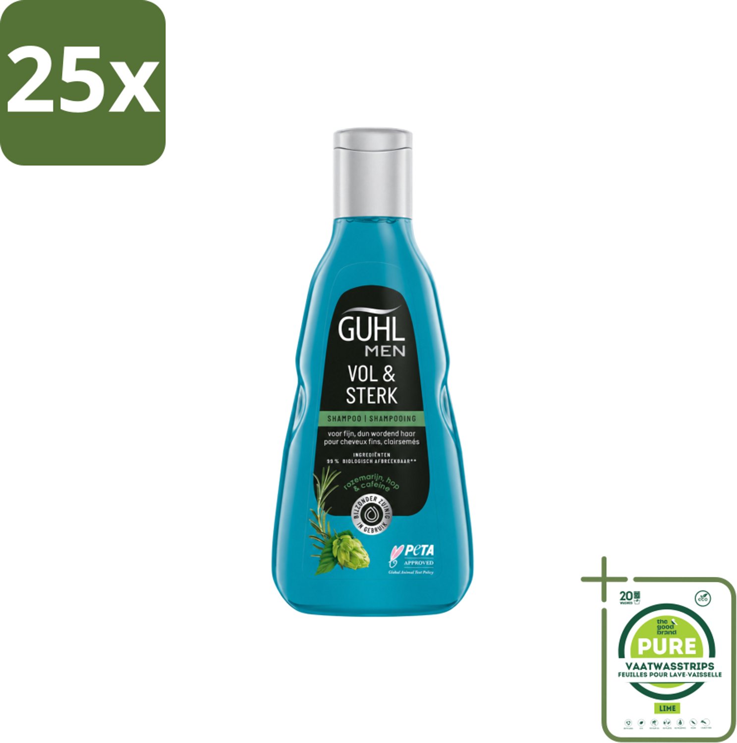 25 x Guhl - Shampoo - Men Vol & Sterk - 250 ml - Grootverpakking - Vaatwasstrips - Mannenhaar - Volume - Kracht - Vitaliteit - Cafeïne