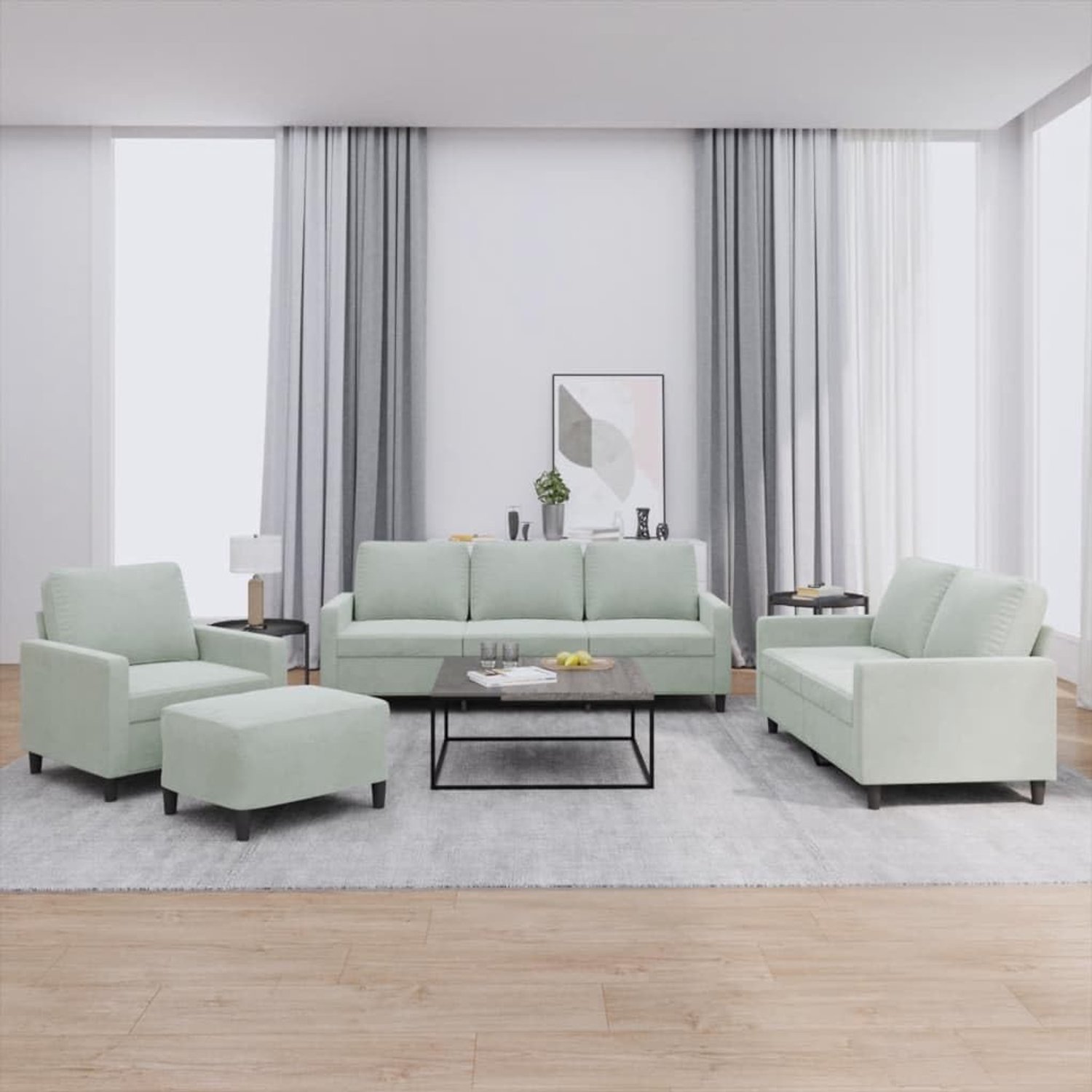 4-delige bankset met kussen, lichtgrijs fluweel en gestoffeerde meubels, salontafel, comfortabele zitgroep met zachte velours stof en robuust metalen frame voor woonkamer