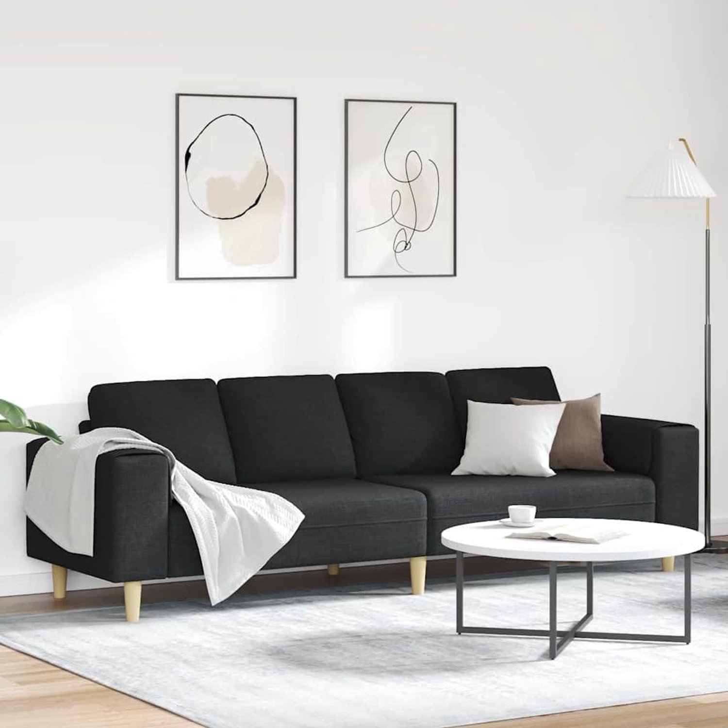 Woonkamer bank zwart 250 x 77 x 76 cm polyester zitmeubel met ergonomische armleuningen en stabiele poten