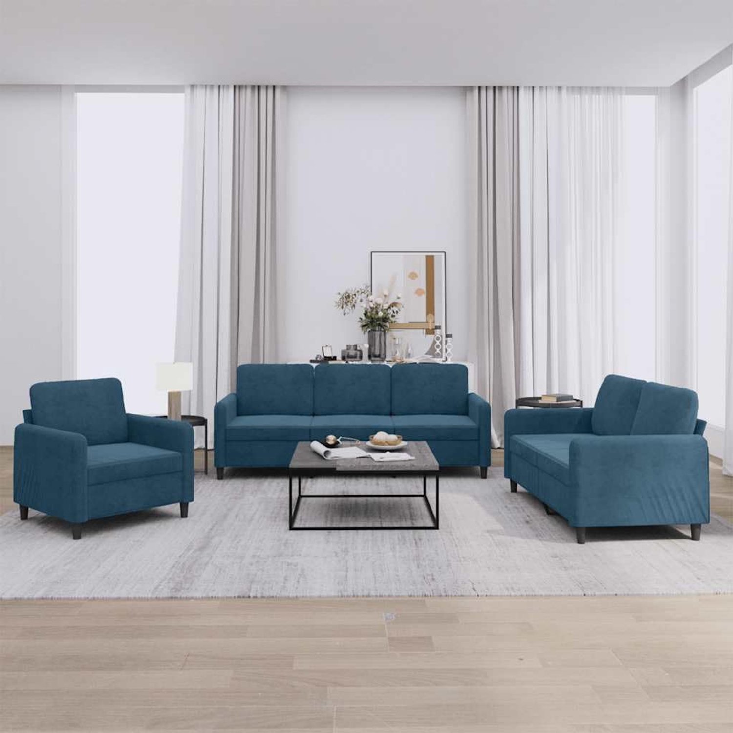 3-delig bankstel blauw fluweel met relaxmeubeldesign voor woonkamer en woonkamer, comfortabel zitsemble in blauw relaxmeubeluitvoering
