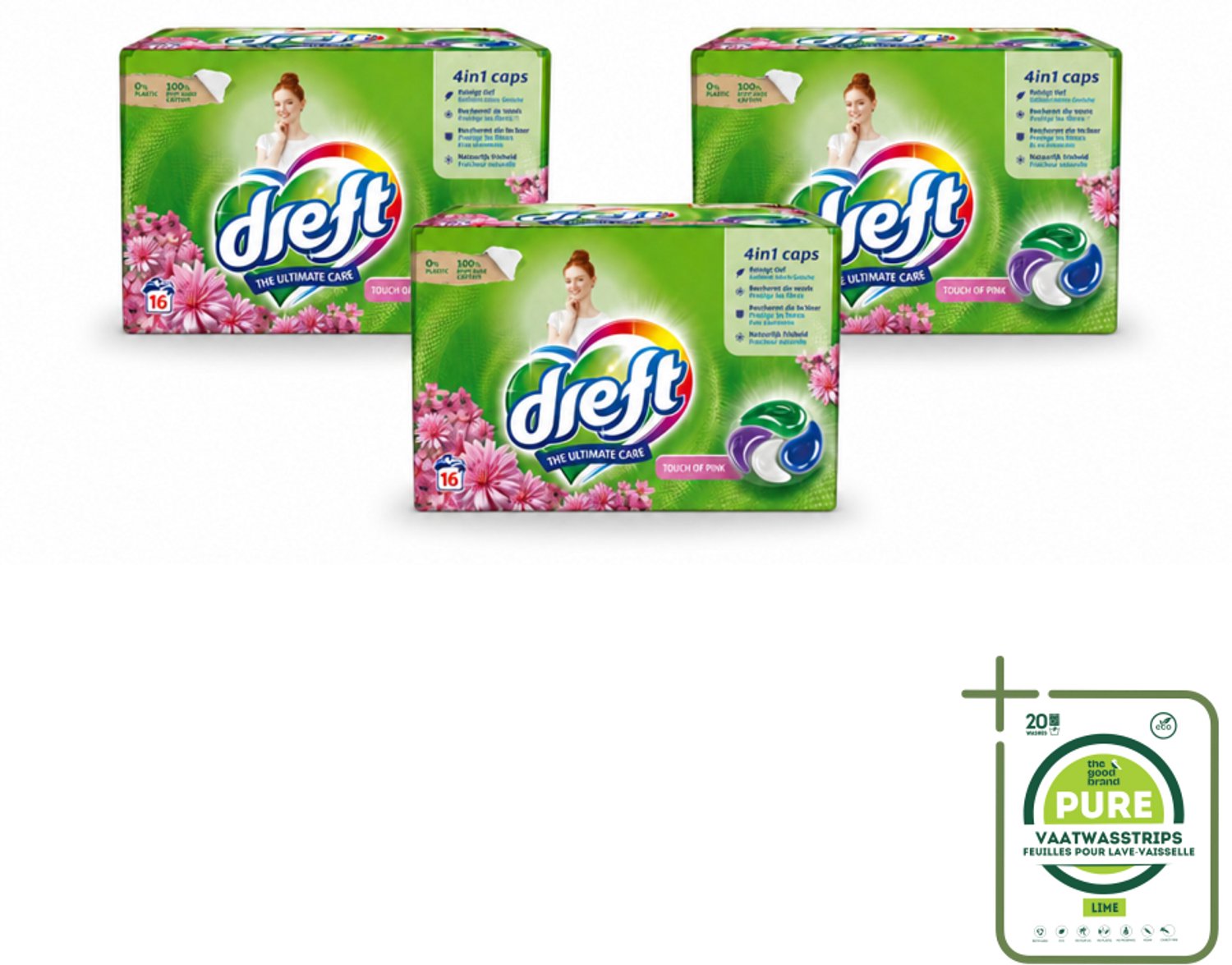3 x Dreft - Wasmiddelcapsules - Touch of Pink - Geurige verzorging - 16 Wasbeurten - Grootverpakking - Vaatwasstrips - Wasmiddel - Wasmiddelcapsule - Plasticvrije Verpakking - Milieuvriendelijk - Kleurenbehoud