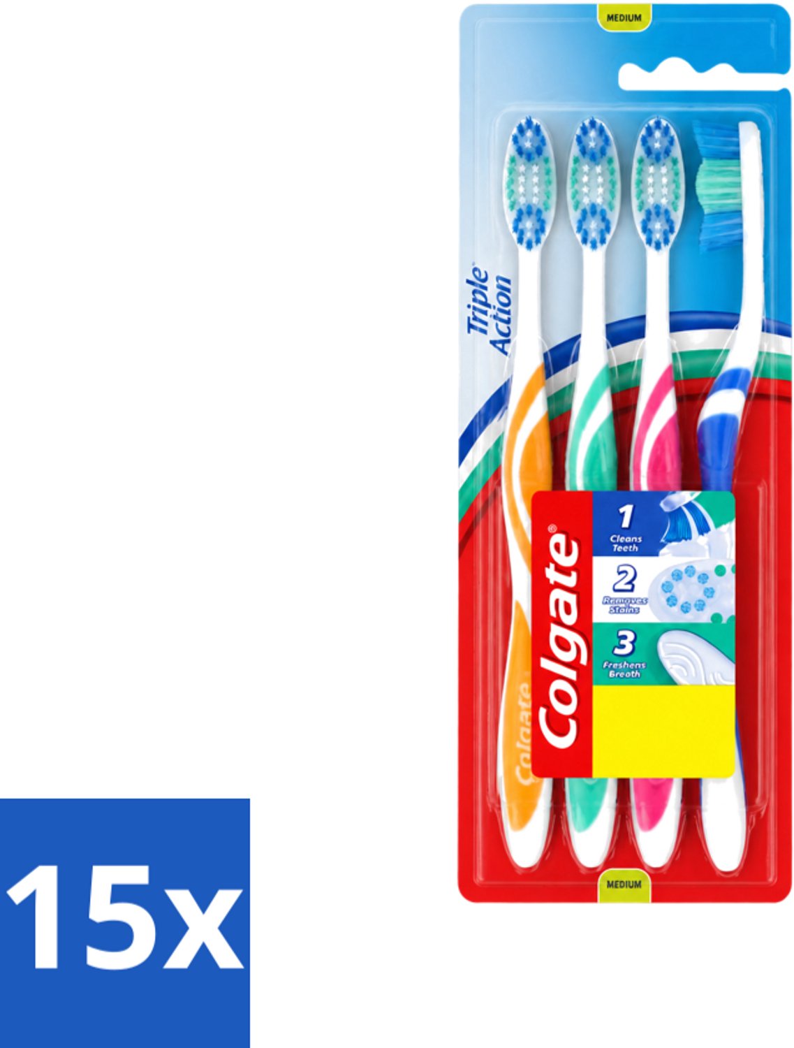 15 x Colgate - Tandenborstels - Triple Action - Medium - 4 borstels - Voordeelverpakking - 15 stuks