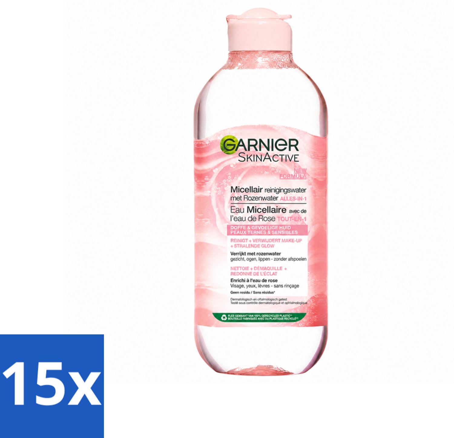 15 x Garnier - SkinActive - Micellair Reinigingswater - Rozenwater - Stralende Huid - 400 ml - Voordeelverpakking - 15 stuks