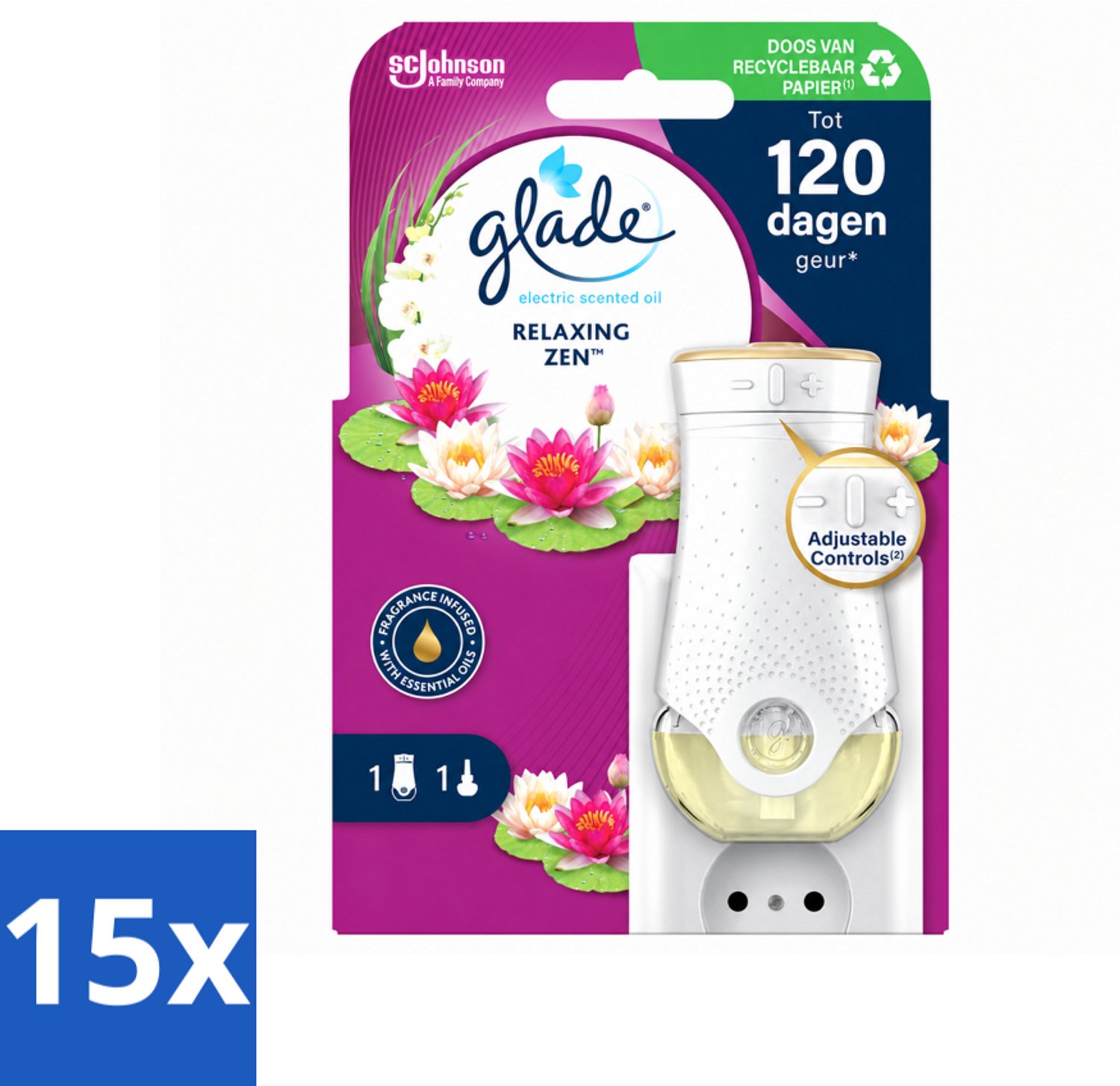 15 x Glade - Houder Elektrische Olie - Relaxing Zen - Voordeelverpakking - 15 stuks
