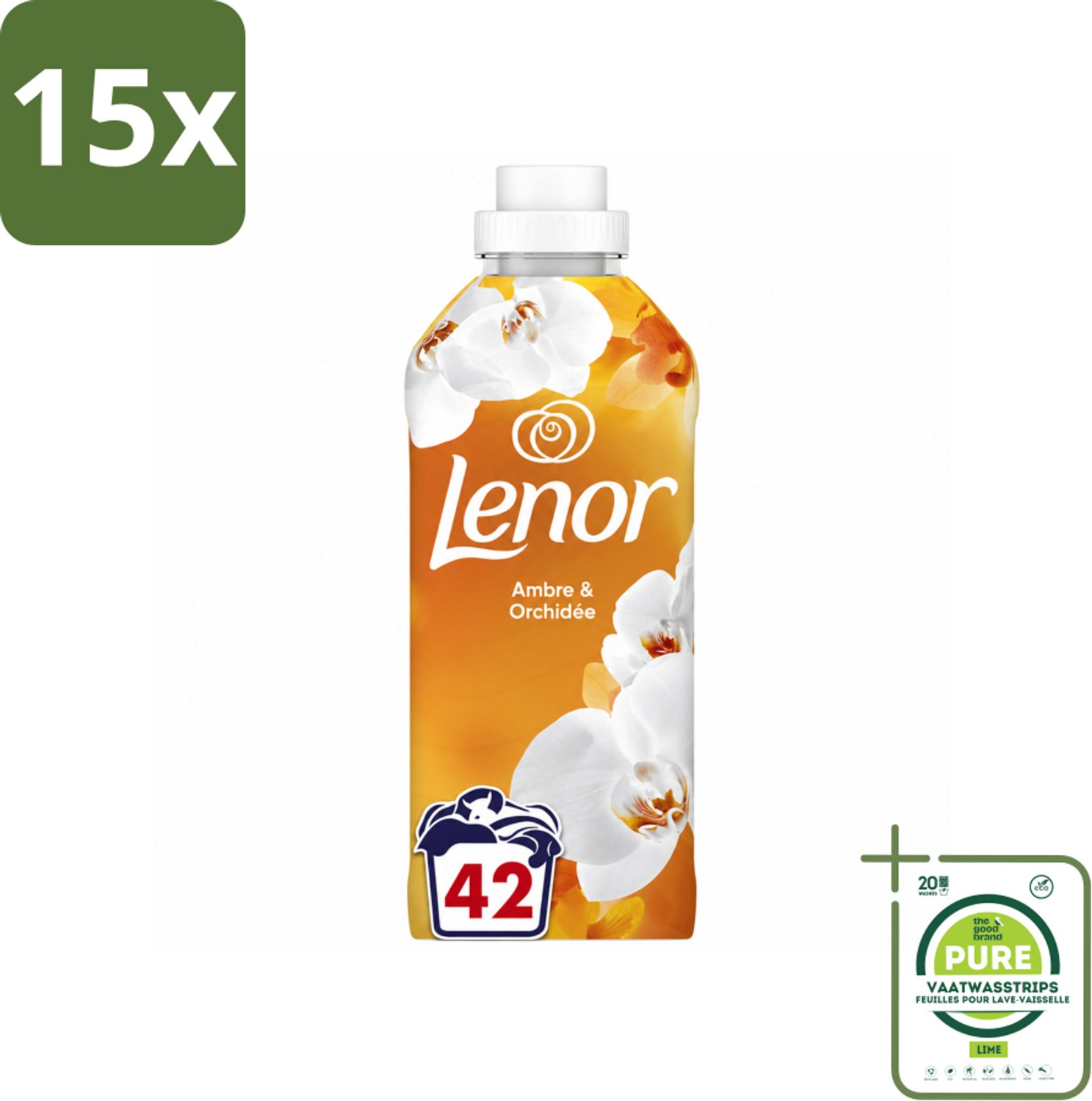 15 x Lenor - Wasverzachter - Amber & Orchidee - Fris & Zacht - 42 Wasbeurten - Grootverpakking - Vaatwasstrips - Wasverzachter - Geur - Ontspanning - Frisheid - Wasmachine