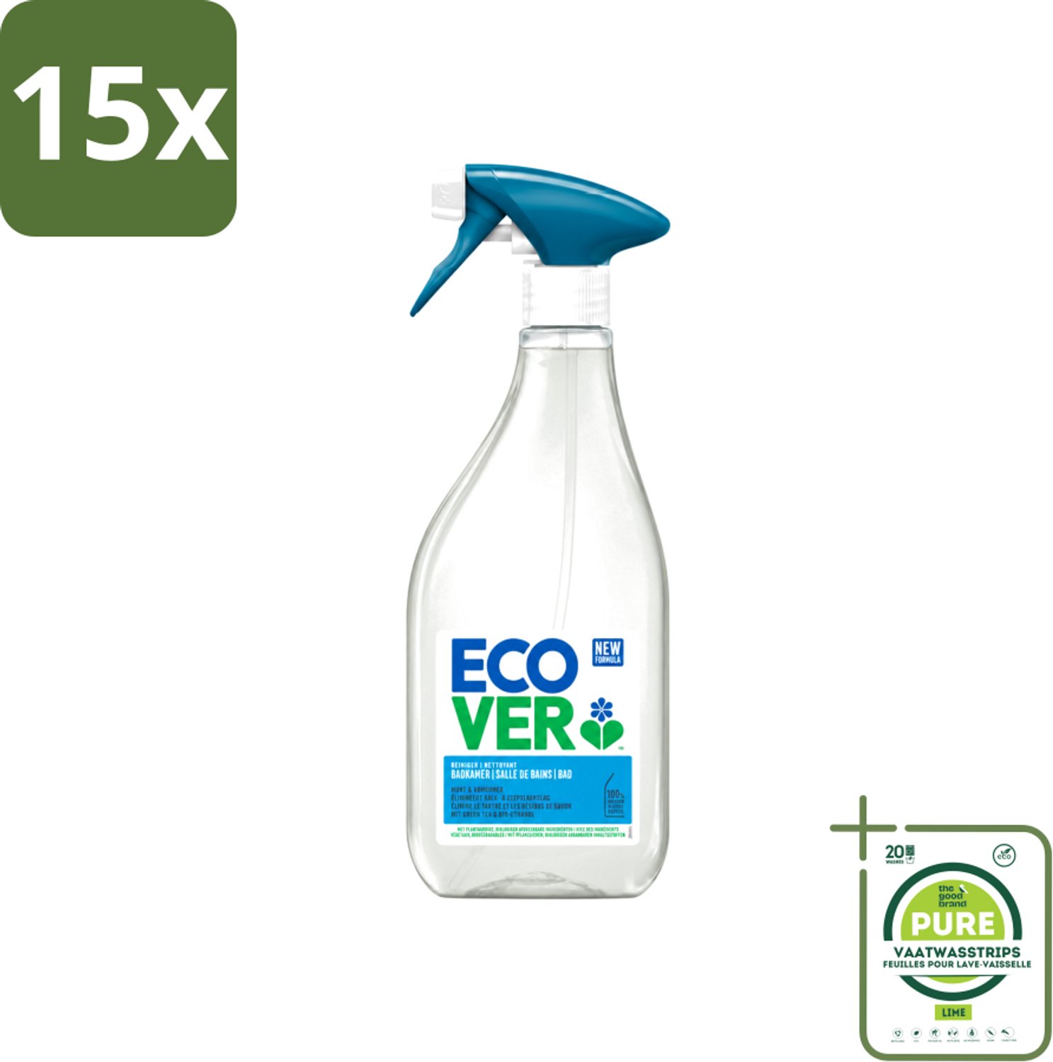 15 x Ecover - Badkamerreiniger - Munt & Komkommer - 500 ml - Grootverpakking - Vaatwasstrips - Badkamerreiniger - Kalkverwijdering - Zeepresten - Plantaardige Reiniger - Ecologische Reiniger