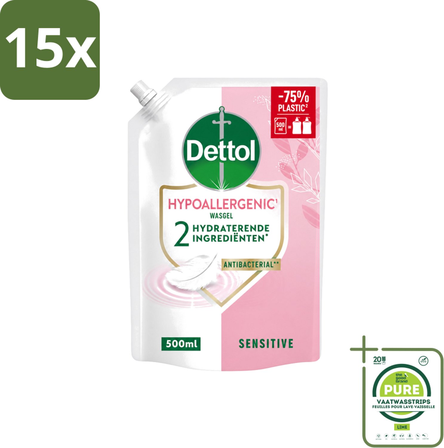 15 x Dettol - Handzeep Navulling - Hypoallergenic - Sensitive - 500 ml - Grootverpakking - Vaatwasstrips - Handzeep Navulling - Hypoallergenisch Handzeep - Gevoelige Huid - Handen Reinigen - Antibacteriële Handzeep