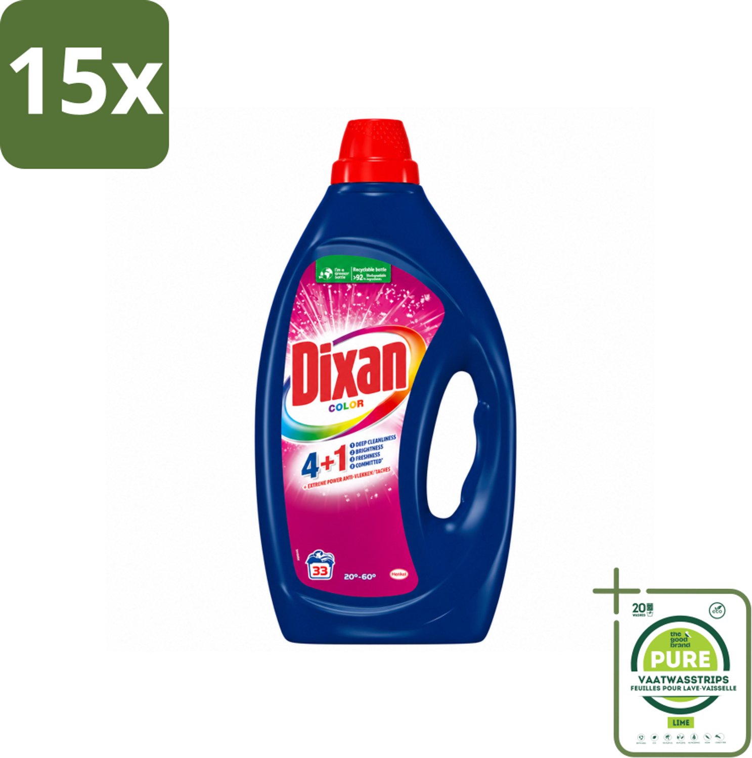 15 x Dixan - Vloeibaar wasmiddel - Voor gekleurde was - 33 wasbeurten - Grootverpakking - Vaatwasstrips - Kleurbehoud - Wasmiddel Voor Gekleurd Textiel - Anti-kleurtransfer - Vlekverwijdering - Wasmiddel Voor Shirts