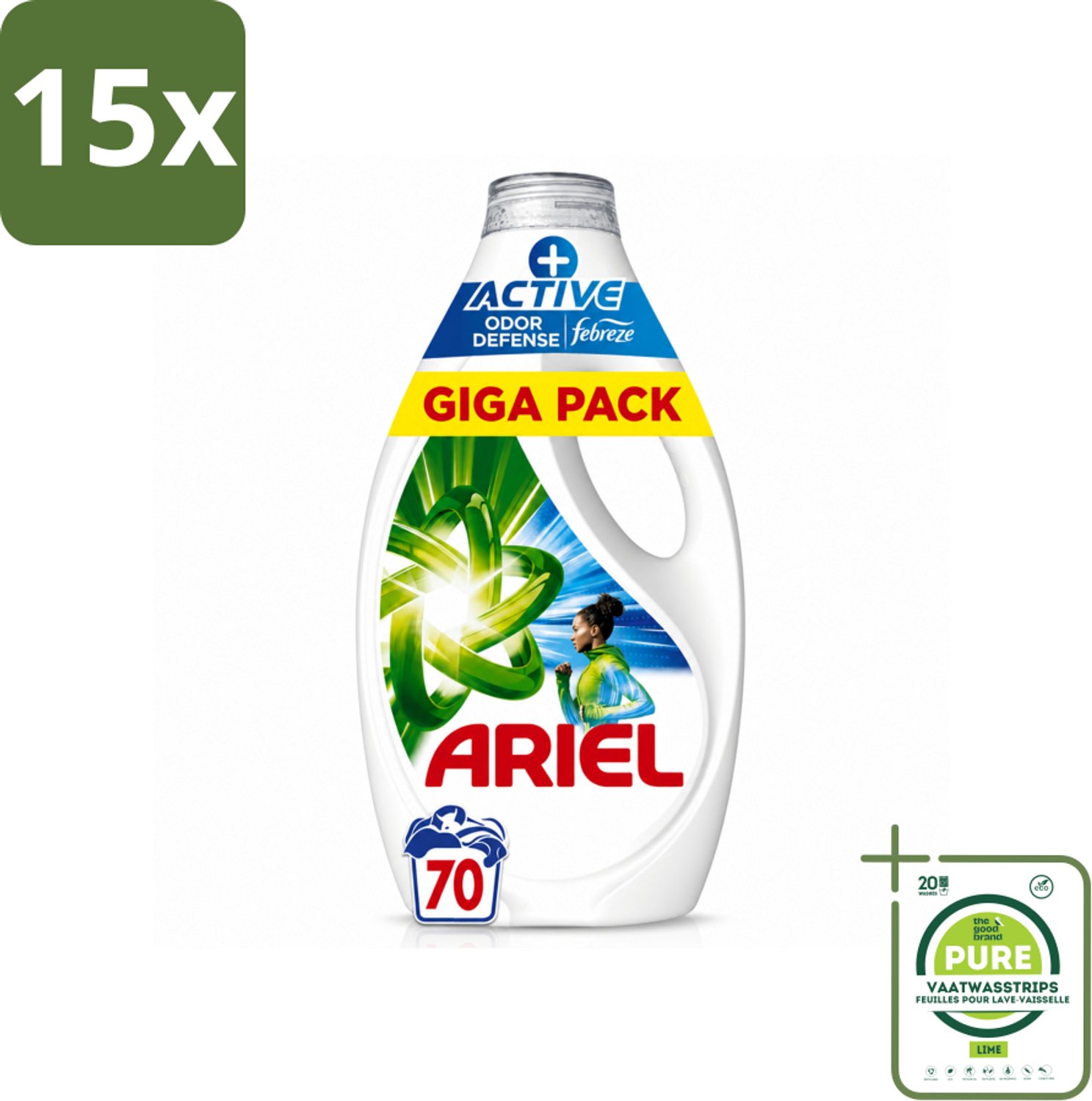 15 x Ariel - Vloeibaar Wasmiddel - +Actieve Odor Defense - 70 Wasbeurten - 3,15 liter - Grootverpakking - Vaatwasstrips - Vloeibaar Wasmiddel - Geurbestrijding - Zweetgeuren - Koud Water - Vlekken Verwijderen