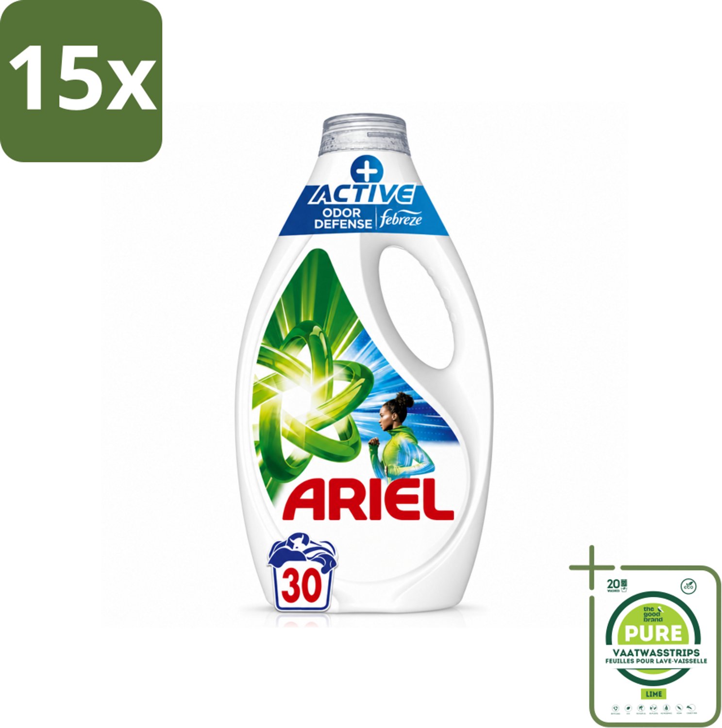 15 x Ariel - Vloeibaar Wasmiddel - +Actieve Odor Defense - 30 Wasbeurten - 1,35 liter - Grootverpakking - Vaatwasstrips - Wasmiddel - Geurverwijdering - Zweetgeuren - Vlekken - Wasbeurt