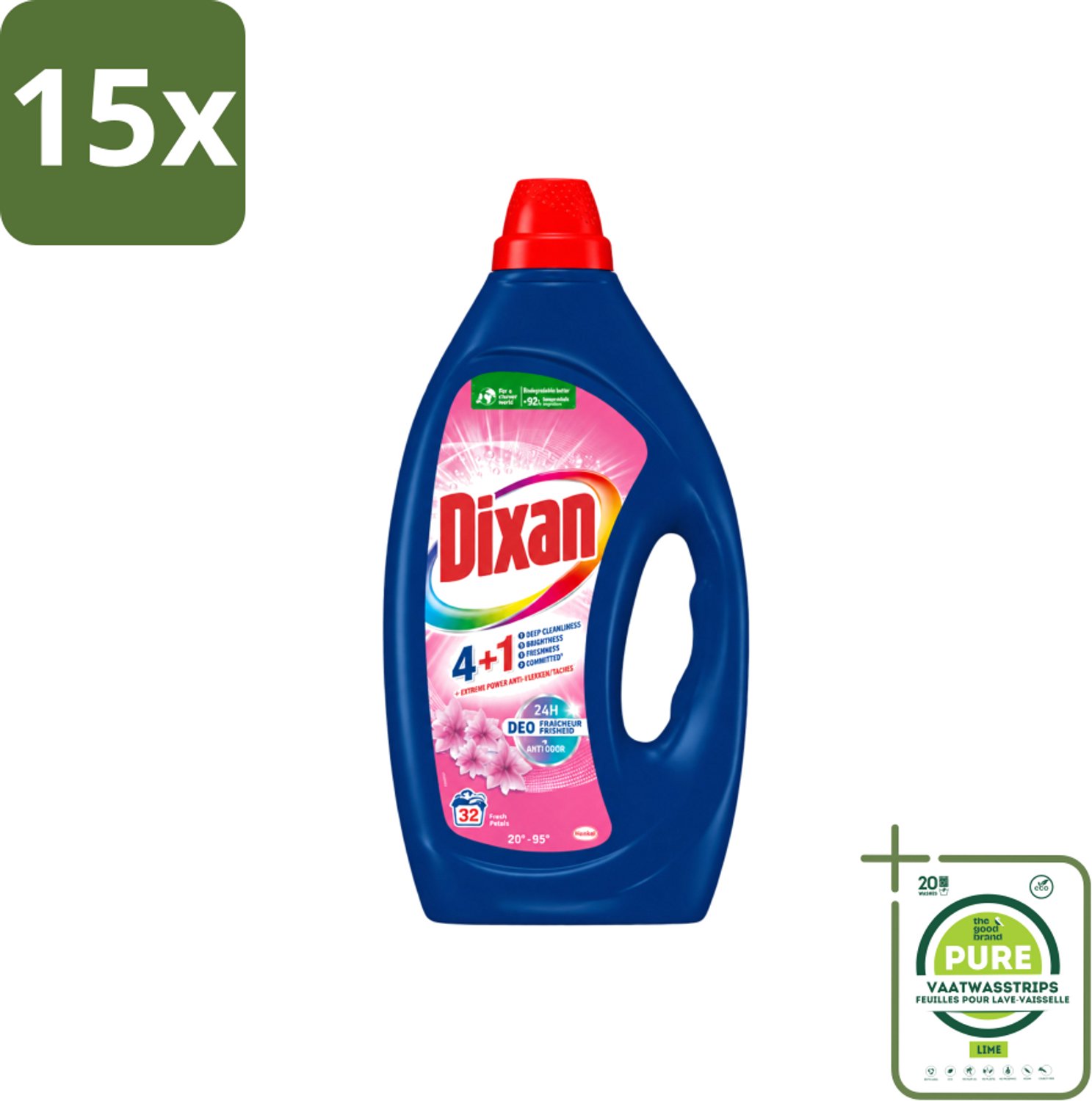 15 x Dixan - Vloeibaar wasmiddel - Fresh Pink - 32 wasbeurten - Grootverpakking - Vaatwasstrips - Wasmiddel - Wasgeur - Frisse Geur - Vlekverwijdering - Wasmachine