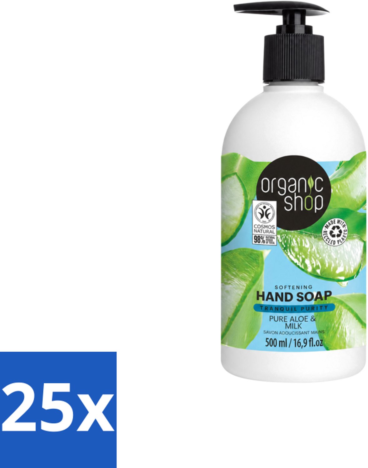 25 x Organic Shop - Handzeep Aloe & Milk - Verzachtend en Hydraterend - 500 ml - Voordeelverpakking - 25 stuks