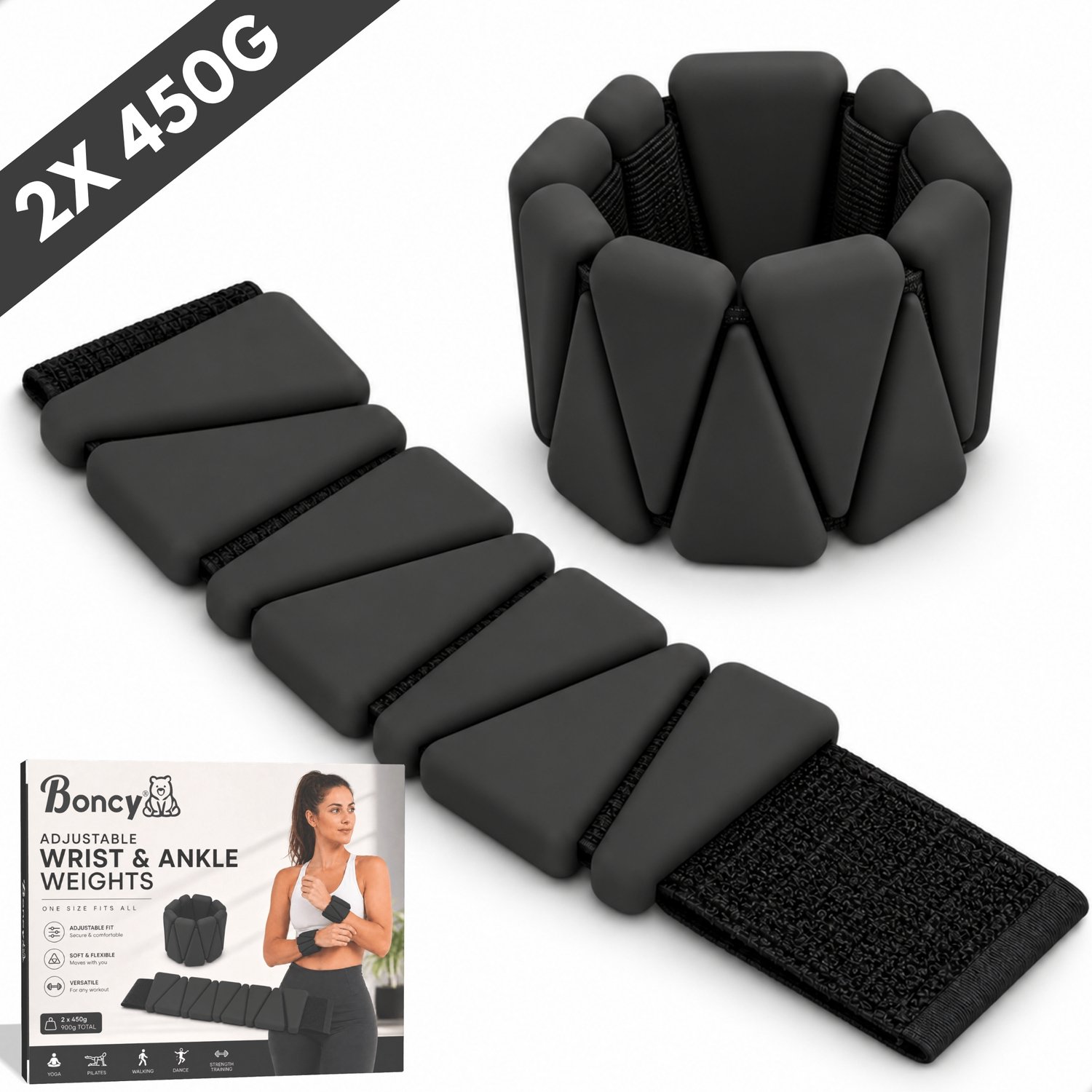 Boncy® Enkelgewichten en Polsgewichten - 2 x 450g Siliconen Gewichten voor Pols & Enkel, Arm & Been - Enkelgewicht Polsgewicht Gewichtjes - Ankle & Wrist Weights Gewichtsmanchetten Verstelbaar - Pilates Fitness Yoga Krachttraining Wandelen Hardlopen