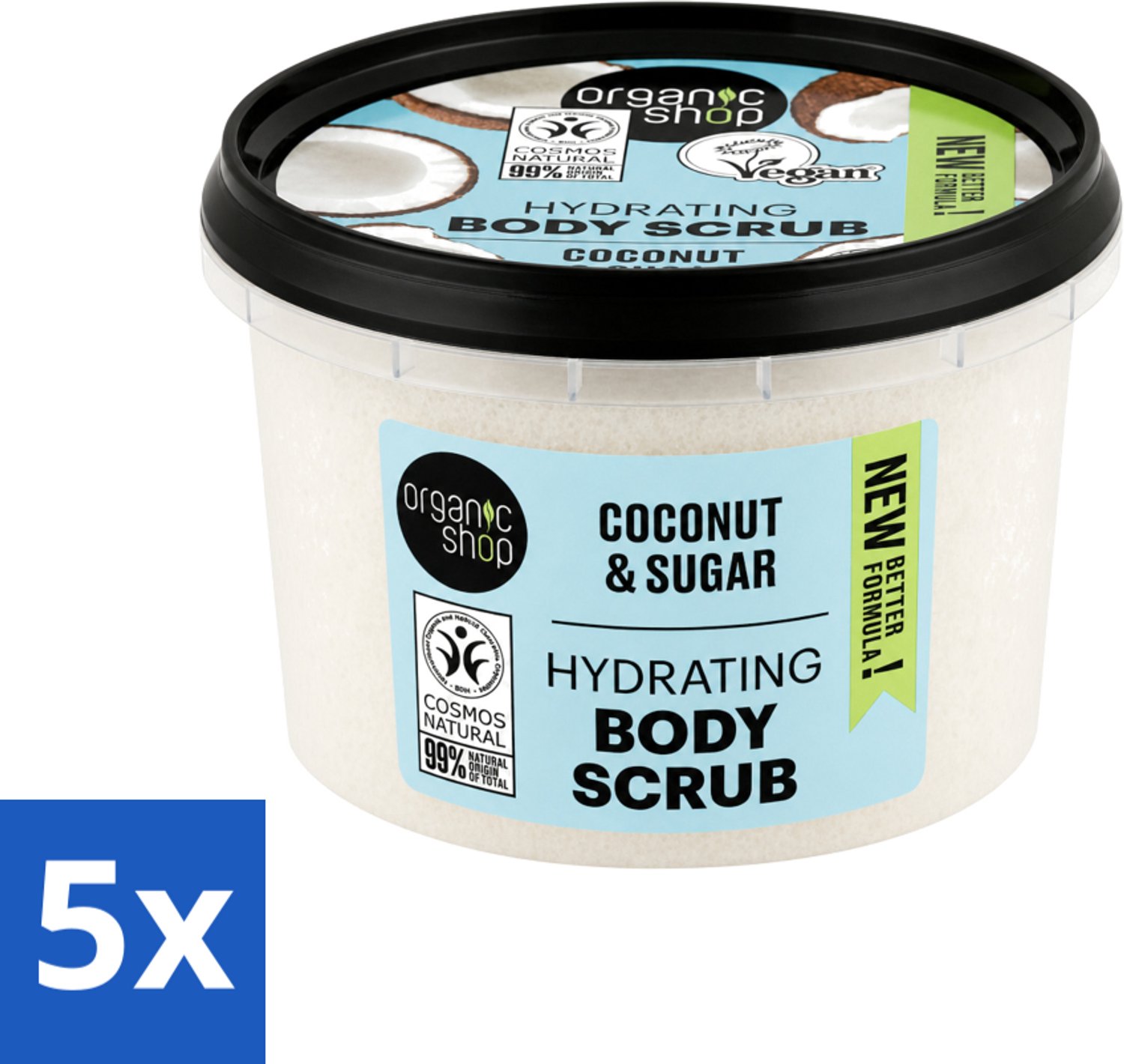 5 x Organic Shop - Hydrating Body Scrub Coconut - Diep Voedend - 250 ml - Voordeelverpakking - 5 stuks