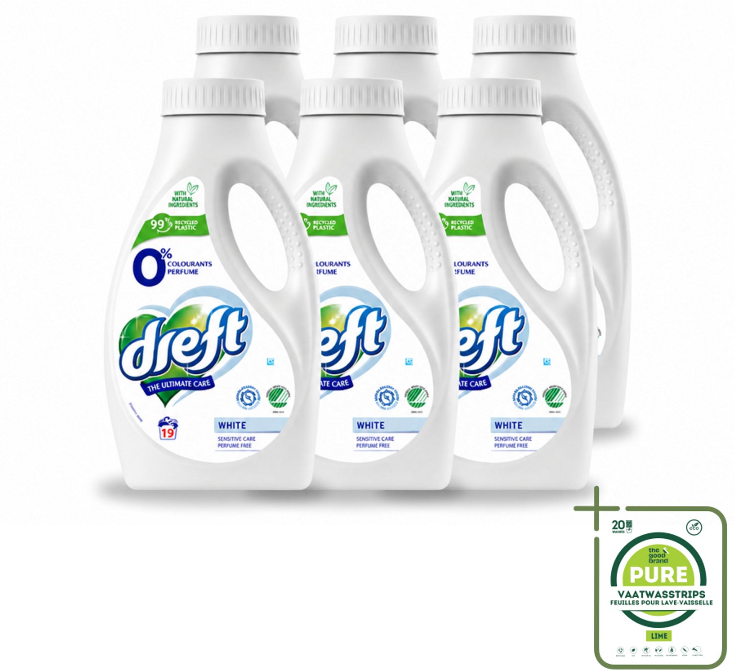 6 x Dreft - Vloeibaar Wasmiddel - 0% Witte Was - Geurvrij & zacht - 19 Wasbeurten - Grootverpakking - Vaatwasstrips - Wasmiddel Voor Gevoelige Huid - 0% Parfum Was - Milde Was - Natuurlijke Was - Was Voor Witte Kleding
