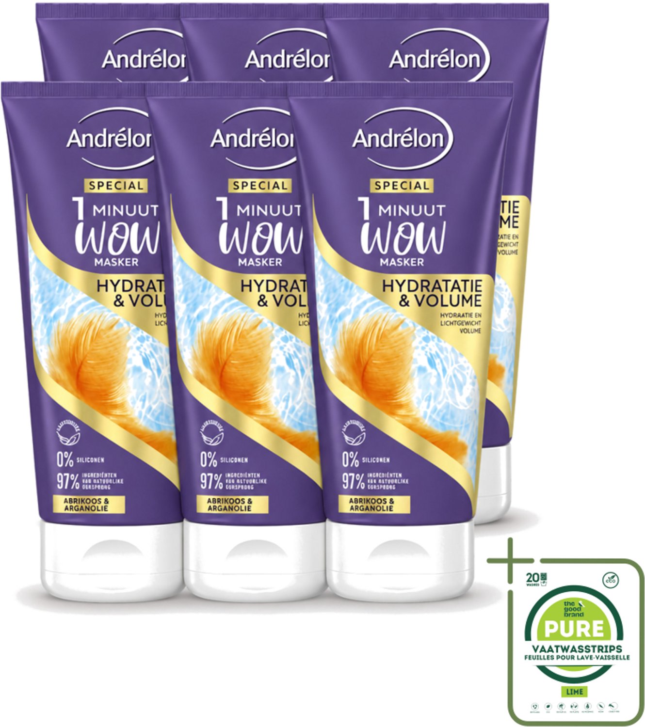 6 x Andrélon - WOW - 1 Minuut Masker - Hydratatie & Volume - 180 ml - Grootverpakking - Vaatwasstrips - 1 Minuut Masker - Hydratatie Haar - Volume Haar - Fijn Haar Verzorging - Luchtig Haar