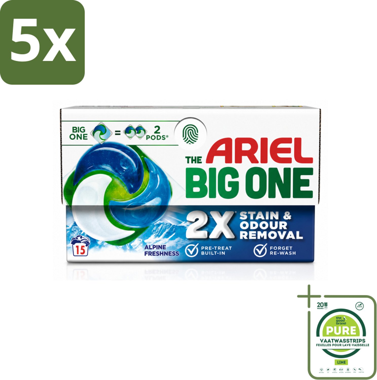 5 x Ariel - 3in1 Wasmiddel Pods - The Big One - Alpine - 15 Pods - Grootverpakking - Vaatwasstrips - Wasmiddel - Wasmiddelpod - Reinigingskracht - Vlekverwijdering - Alpine Geur