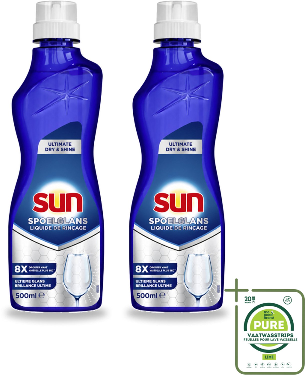 2 x Sun - Spoelglansmiddel - Dry & Shine - 500 ml - Grootverpakking - Vaatwasstrips - Spoelglansmiddel - Vaatwasser - Droog Resultaat - Glans Behoud - Vaat Drogen
