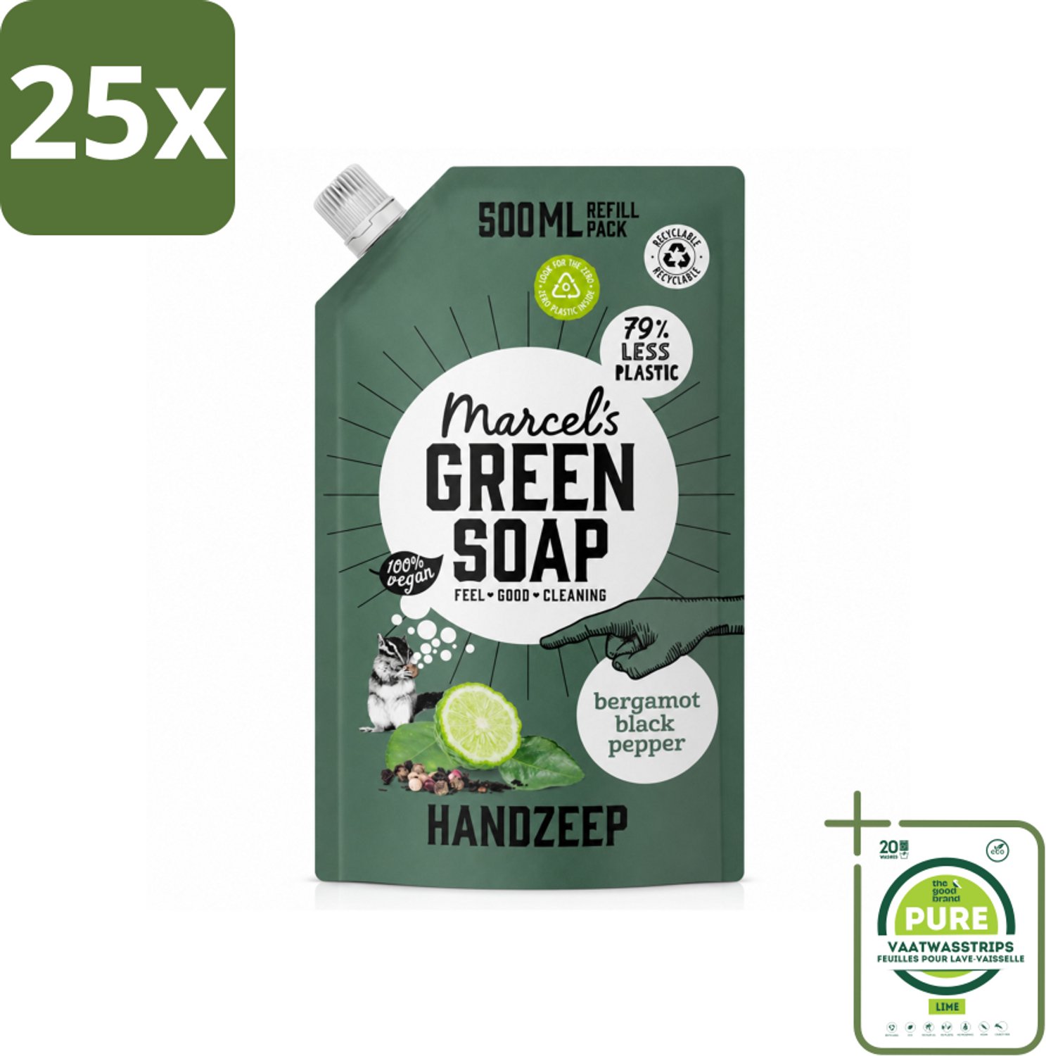 25 x Marcel's Green Soap - Handzeep - Bergamot & Black Pepper - Natuurlijke verzorging - 500 ml - Grootverpakking - Vaatwasstrips - Handzeep Navulling - Biologisch Afbreekbaar - Plantaardige Glycerine - Bergamot En Zwarte Peper - Duurzaamheid