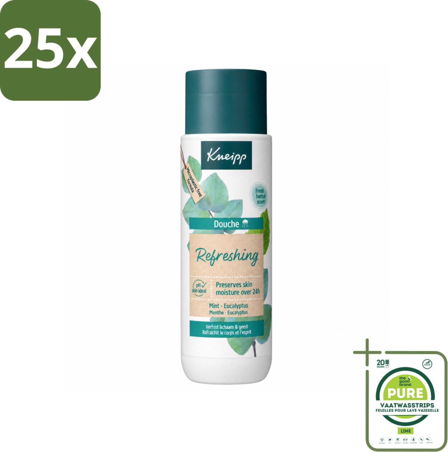 25 x Kneipp - Douchegel - Refreshing - Mint Eucalyptus - 200 ml - Grootverpakking - Vaatwasstrips - Douchegel - Frisheid - Eucalyptus - Mint - Natuurlijke Oliën