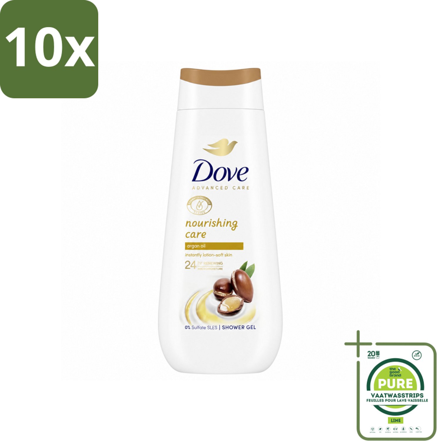 10 x Dove Douchecrème - Nourishing Care - Arganolie - 225 ml - Grootverpakking - Vaatwasstrips - Douchegel - Voedende Huid - Droge Huid - Hydratatie - Arganolie