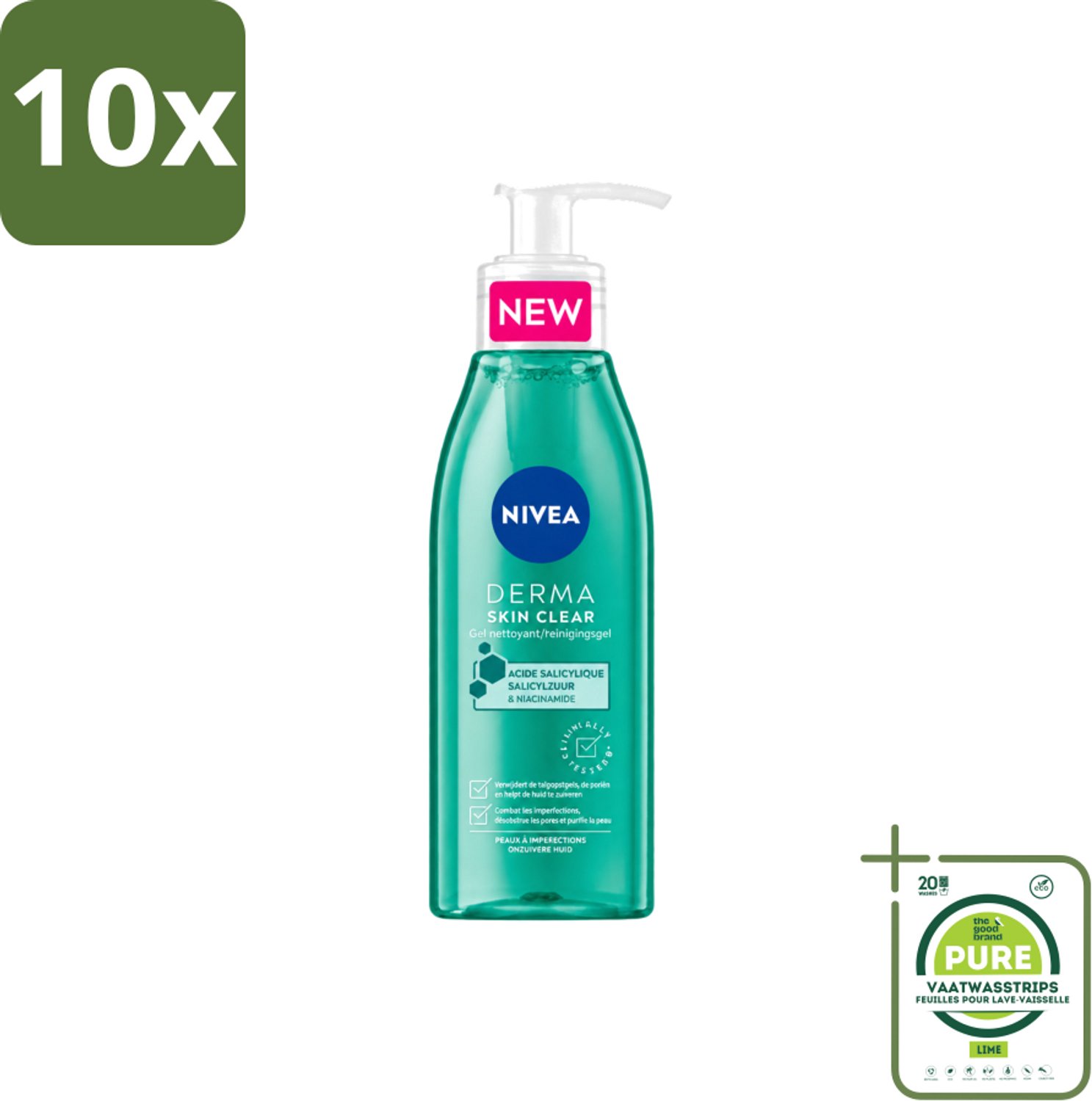 10 x NIVEA - Reinigingsgel - DERMA Huidzuiver - Voor onzuivere huid - Met Salicylzuur (AHA) & Niacinamide - Tegen Acne & Mee-eters - 150 ml - Grootverpakking - Vaatwasstrips - Gezichtsreiniger - Acne Huid - Puistjes - Mee-eters - Onzuivere Huid