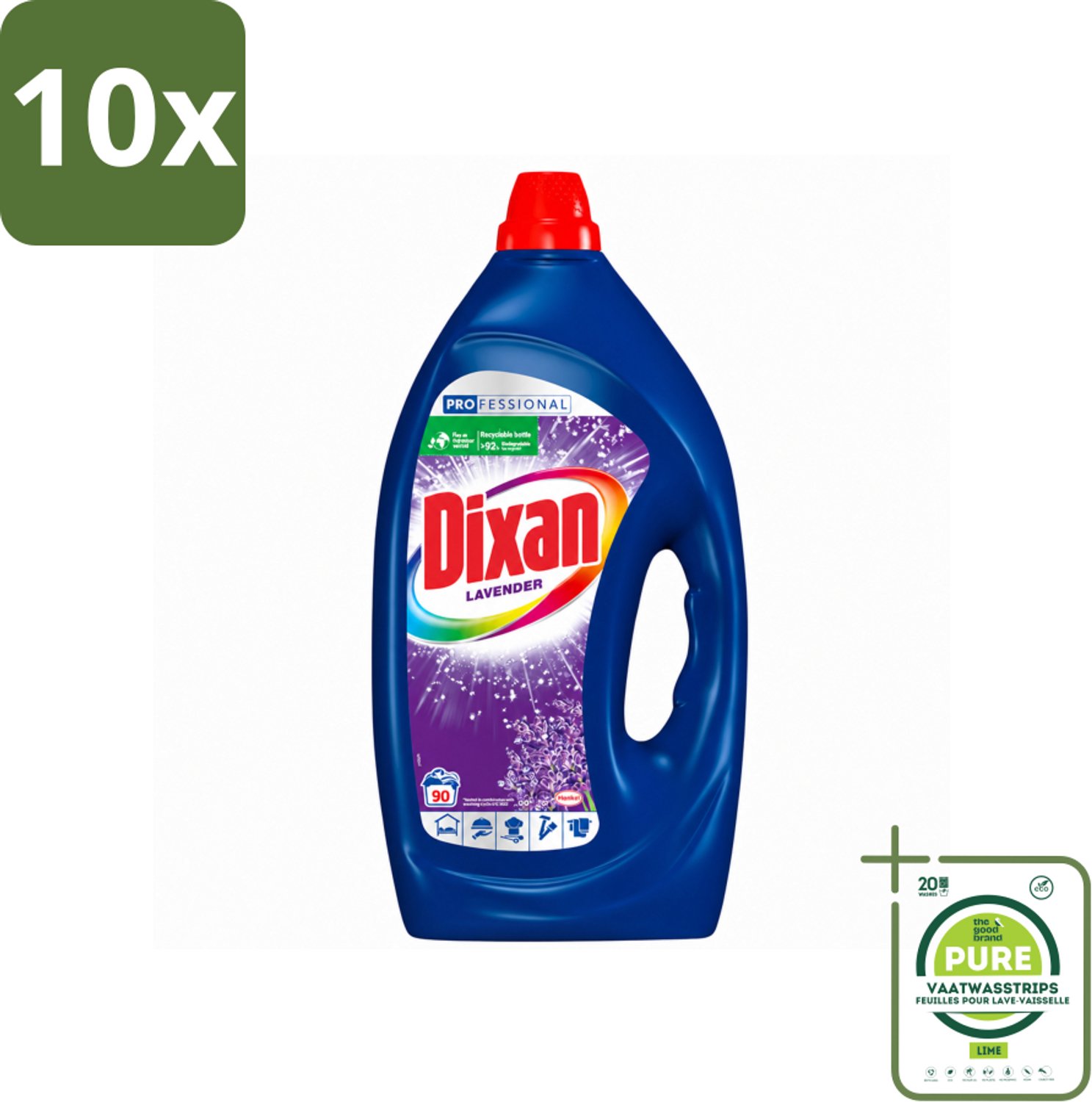 10 x Dixan - Vloeibaar wasmiddel - Fresh Lavender - Professional - 90 wasbeurten - Grootverpakking - Vaatwasstrips - Wasmiddel - Waskracht - Frisse Geur - Lavendel - Reiniging
