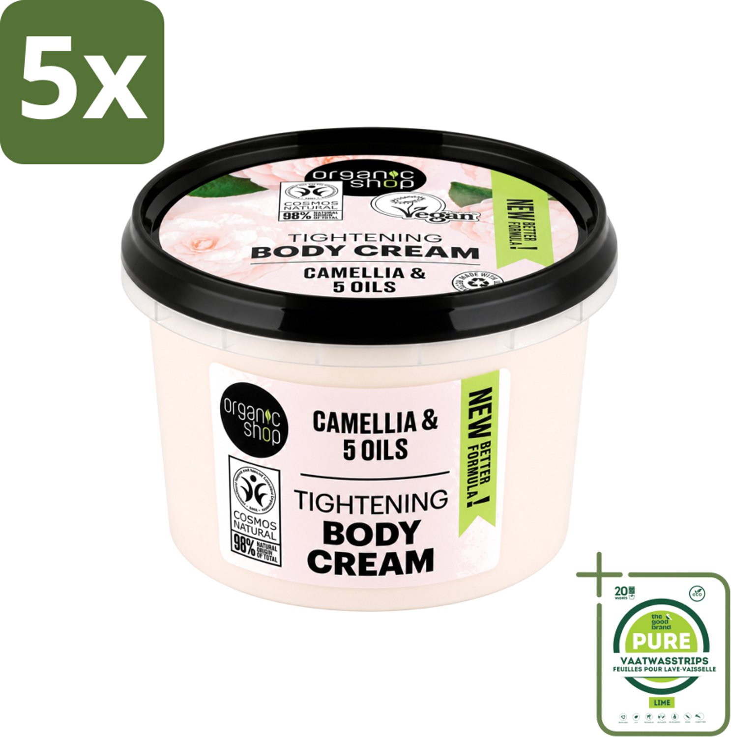 5 x Organic Shop - Organic Camellia & 5 Oils Body Cream - Verzachtend en Hydraterend - 250 ml - Grootverpakking - Vaatwasstrips - Organische Bodycrème - Japanse Kamelia - Hydraterende Crème - Verzachtende Crème - Natuurlijke Oliën