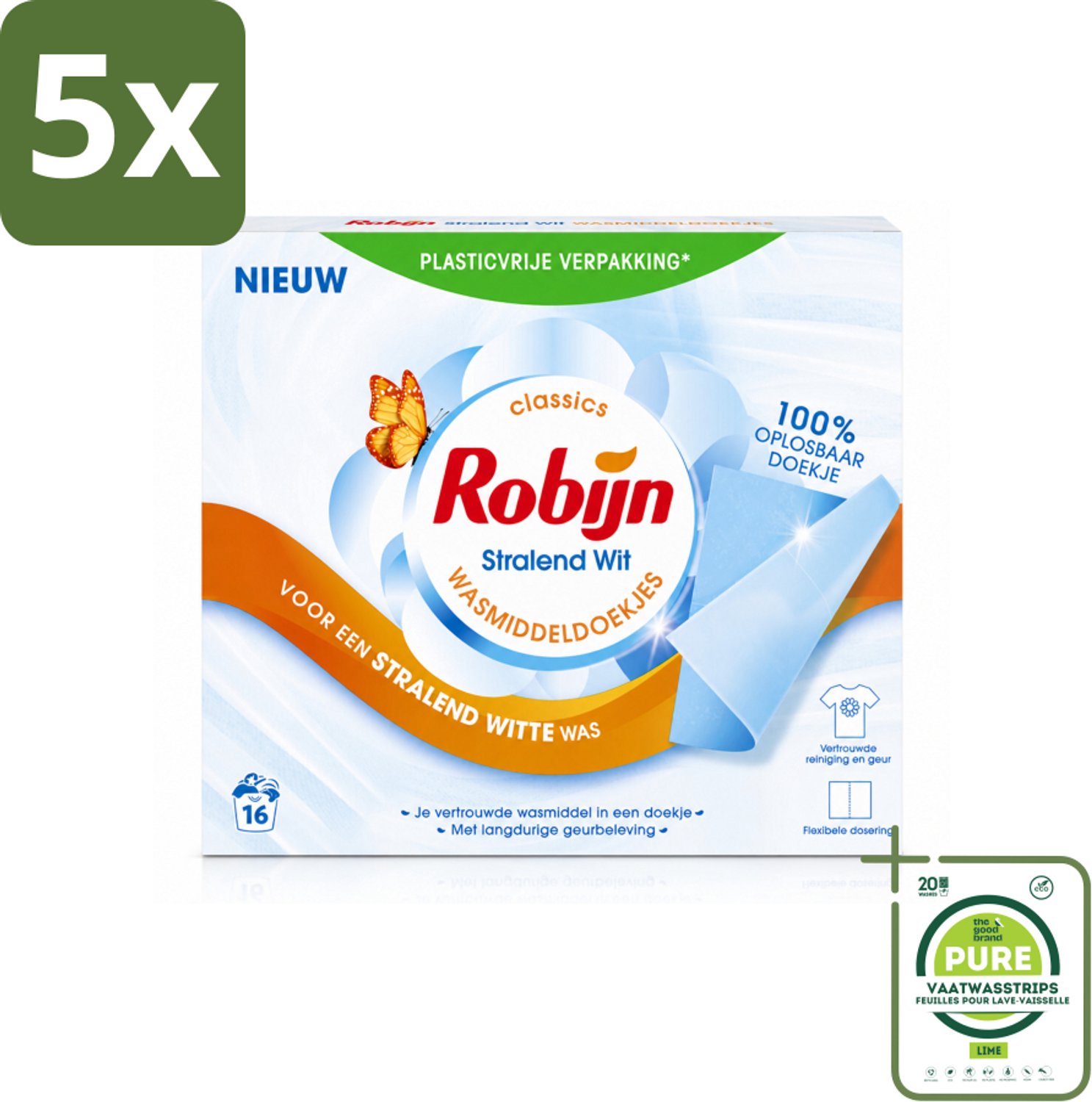 5 x Robijn Classics - Stralend Wit - Wasmiddeldoekjes - 16 Wasstrips - Grootverpakking - Vaatwasstrips - Wasmiddeldoekjes - Stralend Wit - Wasdoekjes - Robijn - Wasverzachter