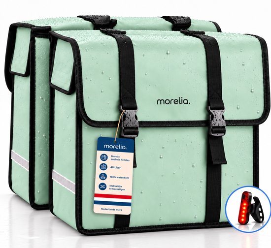 Sacoche de vélo double Morelia vert menthe, 48 litres, imperméable avec sangles noires et feu arrière rouge.