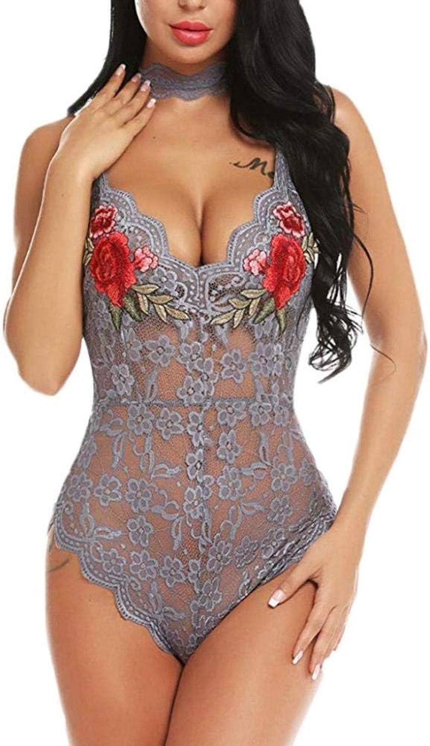 Borduurwerk Sexy Bodysuit Vrouwen V-hals Kant Intieme Lingerie Bodysuit-Gris_S