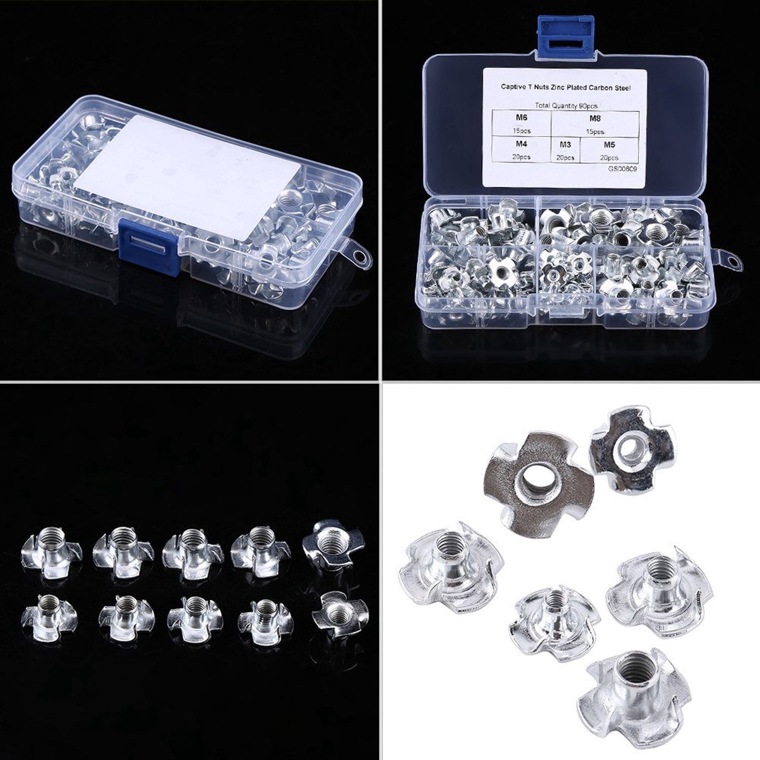 Moeren viertandige moeren, vierpuntige T-moeren blinde inzetstukken koolstofstalen moeren assortiment kit M3 M4 M5 M6 M8 voor vakmensen houten meubelen