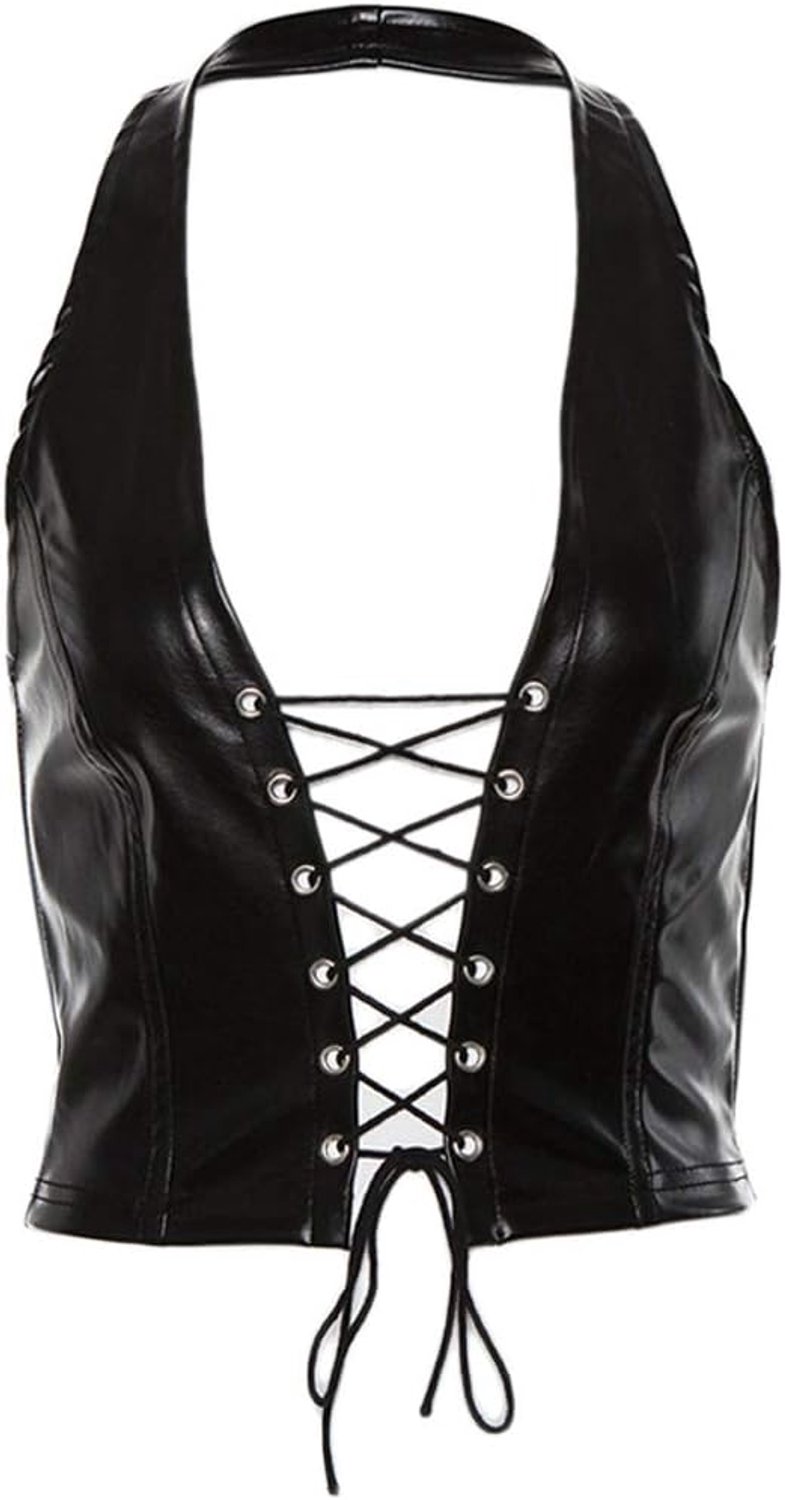 Punk Mouwloos Crop Top Houder Backless Faux Leather Lace-Up Hollow Vest Zwart