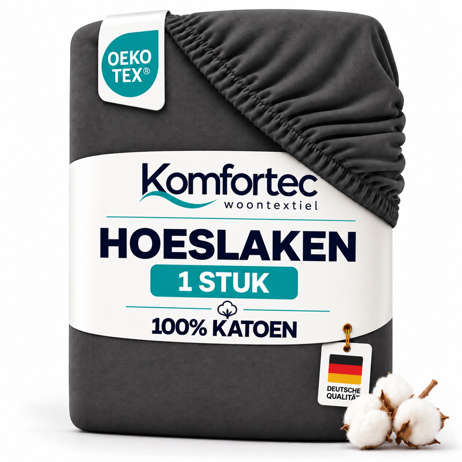 Komfortec Jersey Stretch Hoeslaken 200x200 cm - 23cm Matrasdikte- Rondom Elastiek - 100% Katoen - Antraciet