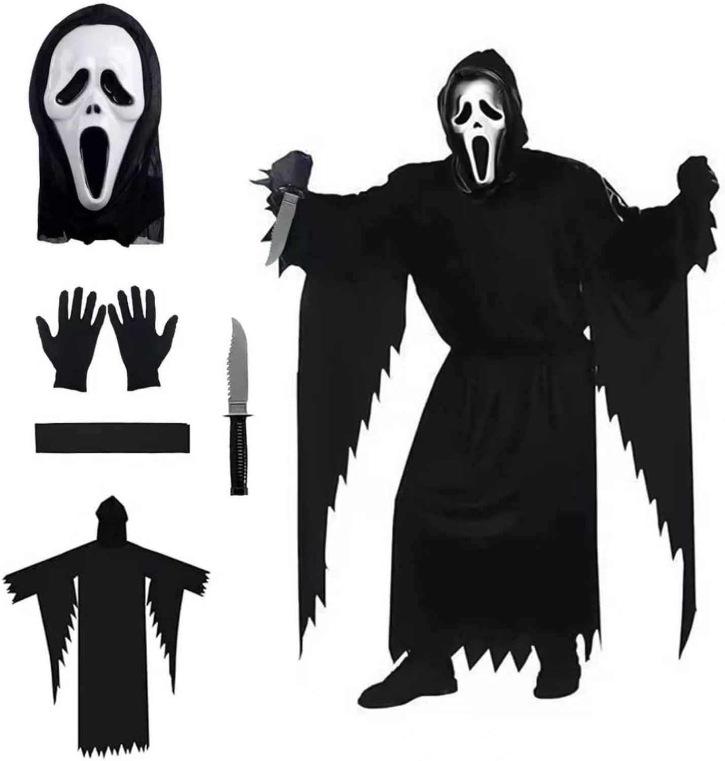 Ghostface kostuum voor volwassenen, Scream Costume, griezelige Screaming Ghost kostuum, inclusief masker en plastic dolk, adampt voor Halloween, carnaval, maskerade, horrorfeest