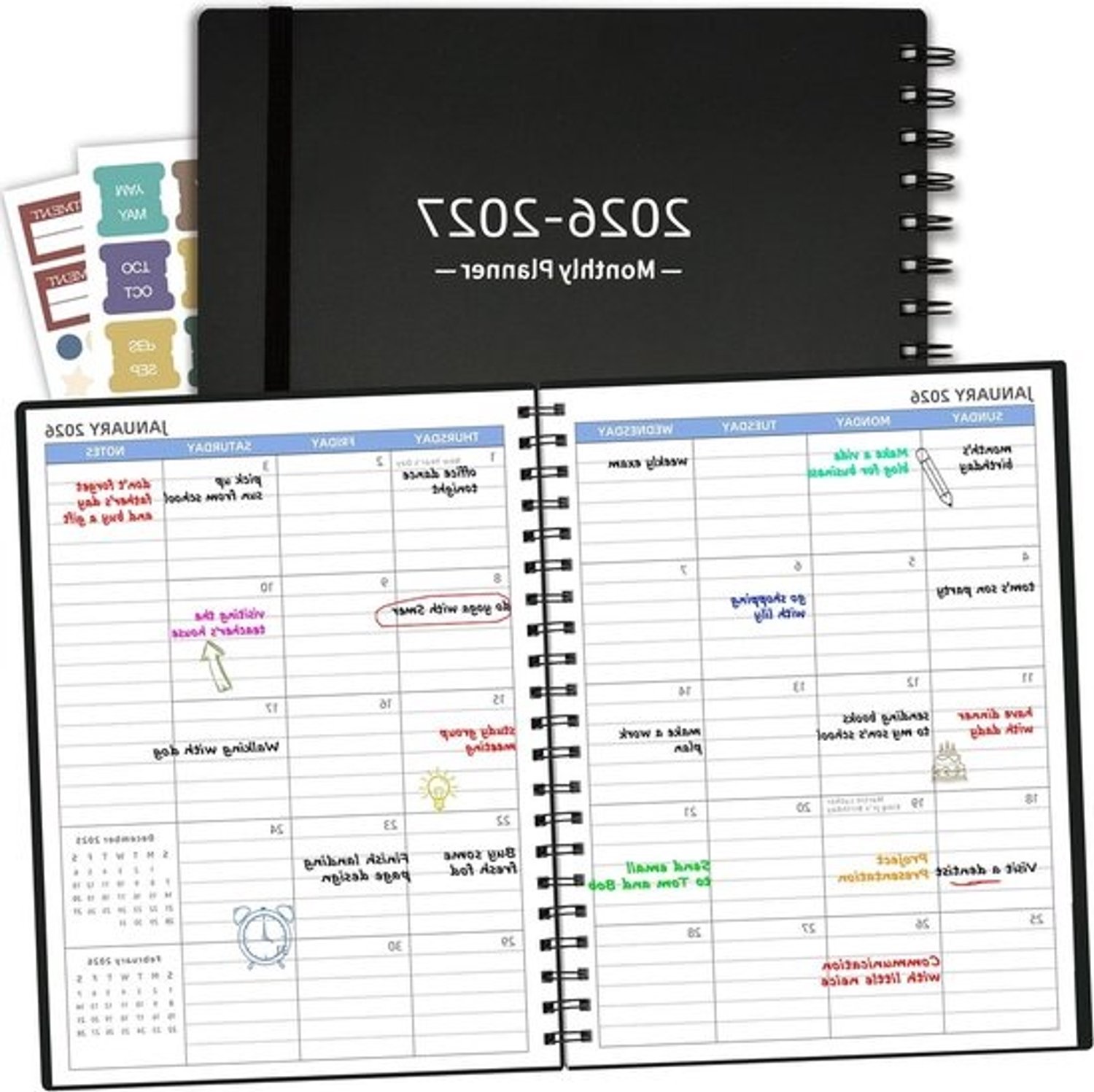 Maandplanner 2026-2027, 18 maanden - Agenda januari 2026-juni 2027 met zak, 7,4" x 9,6" - 120 g/m² papier, zwart